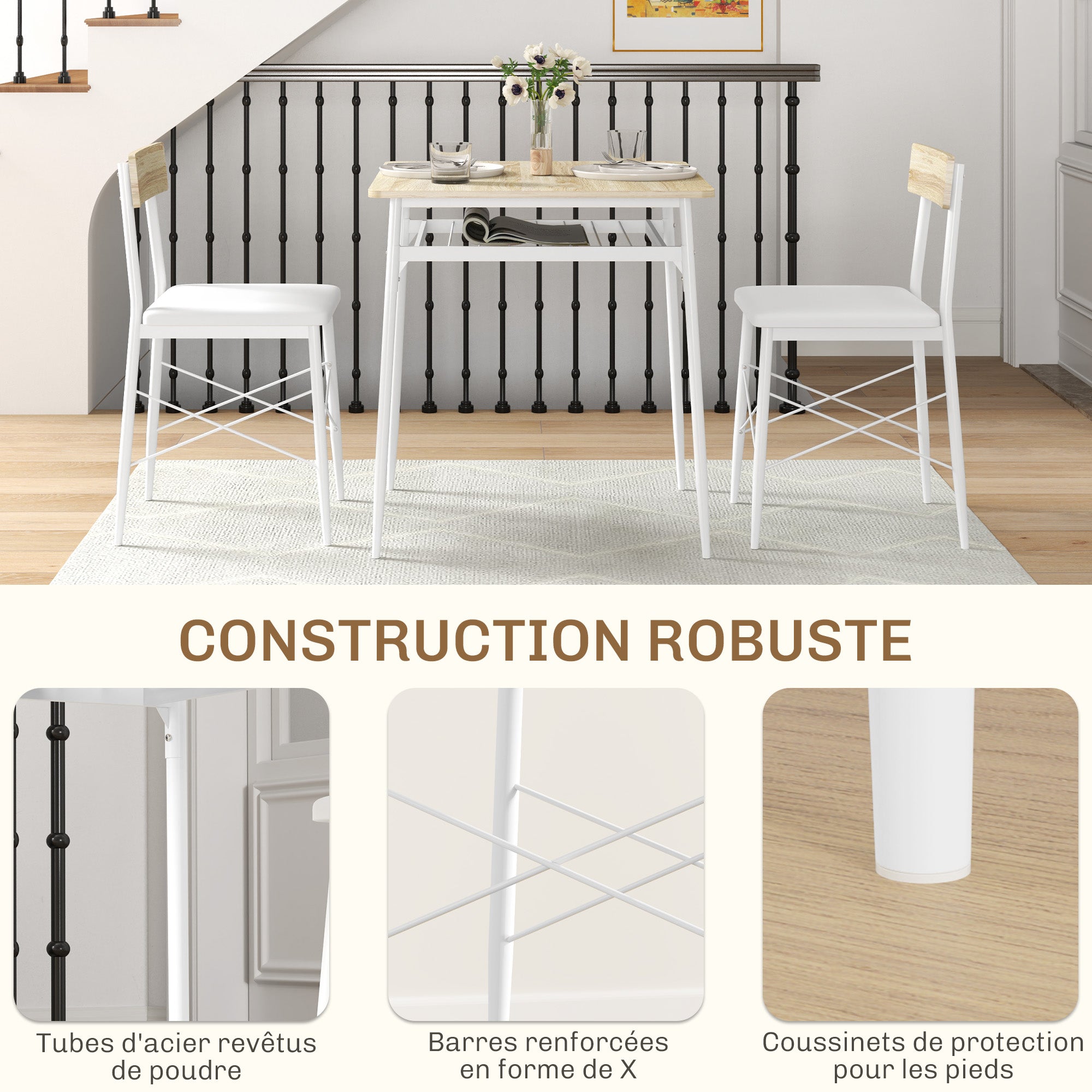 Ensemble table et chaises, table de cuisine avec chaises, structure en acier, avec 2 chaises encastrables, pour cuisine salon maison, blanc et chêne