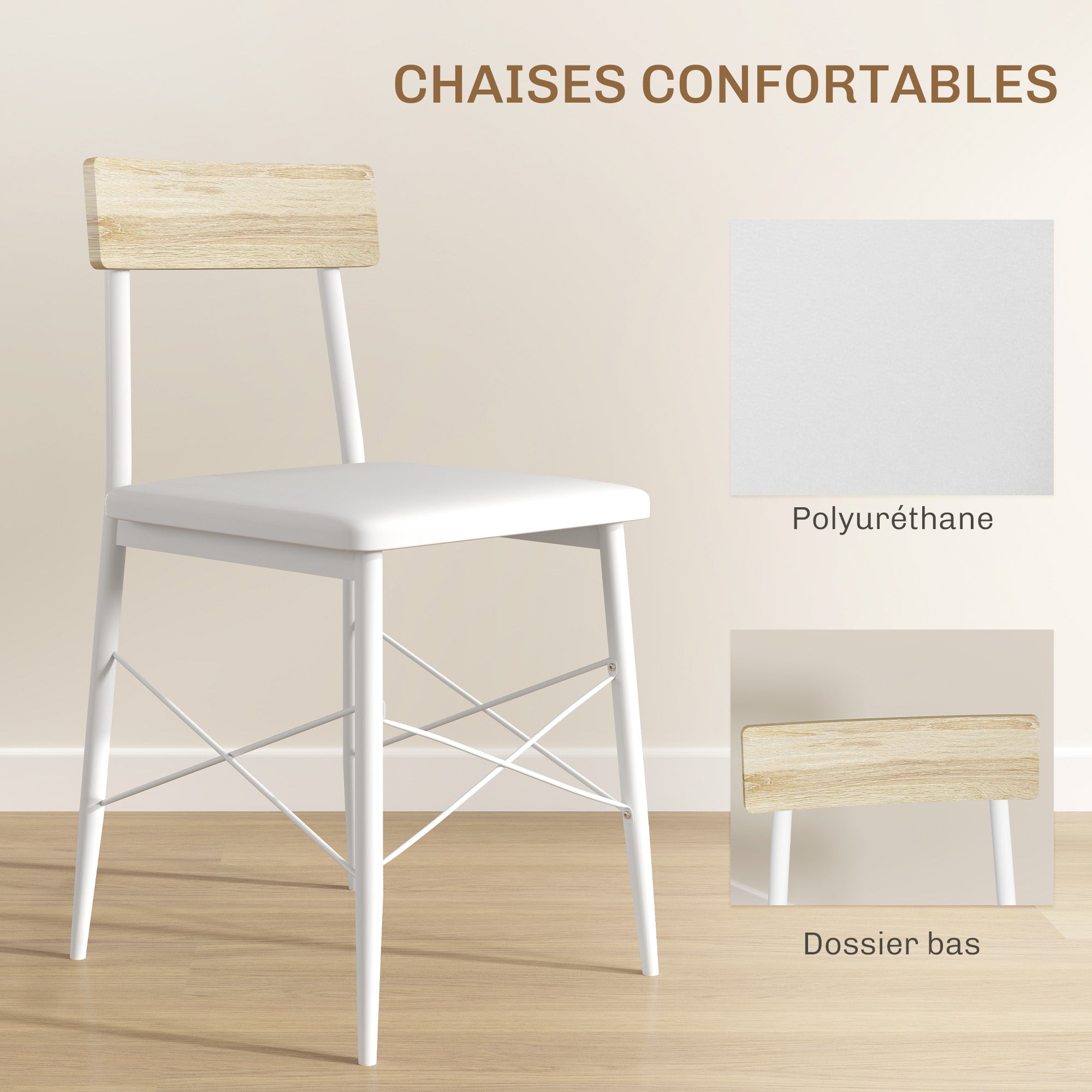 Ensemble table et chaises, table de cuisine avec chaises, structure en acier, avec 2 chaises encastrables, pour cuisine salon maison, blanc et chêne