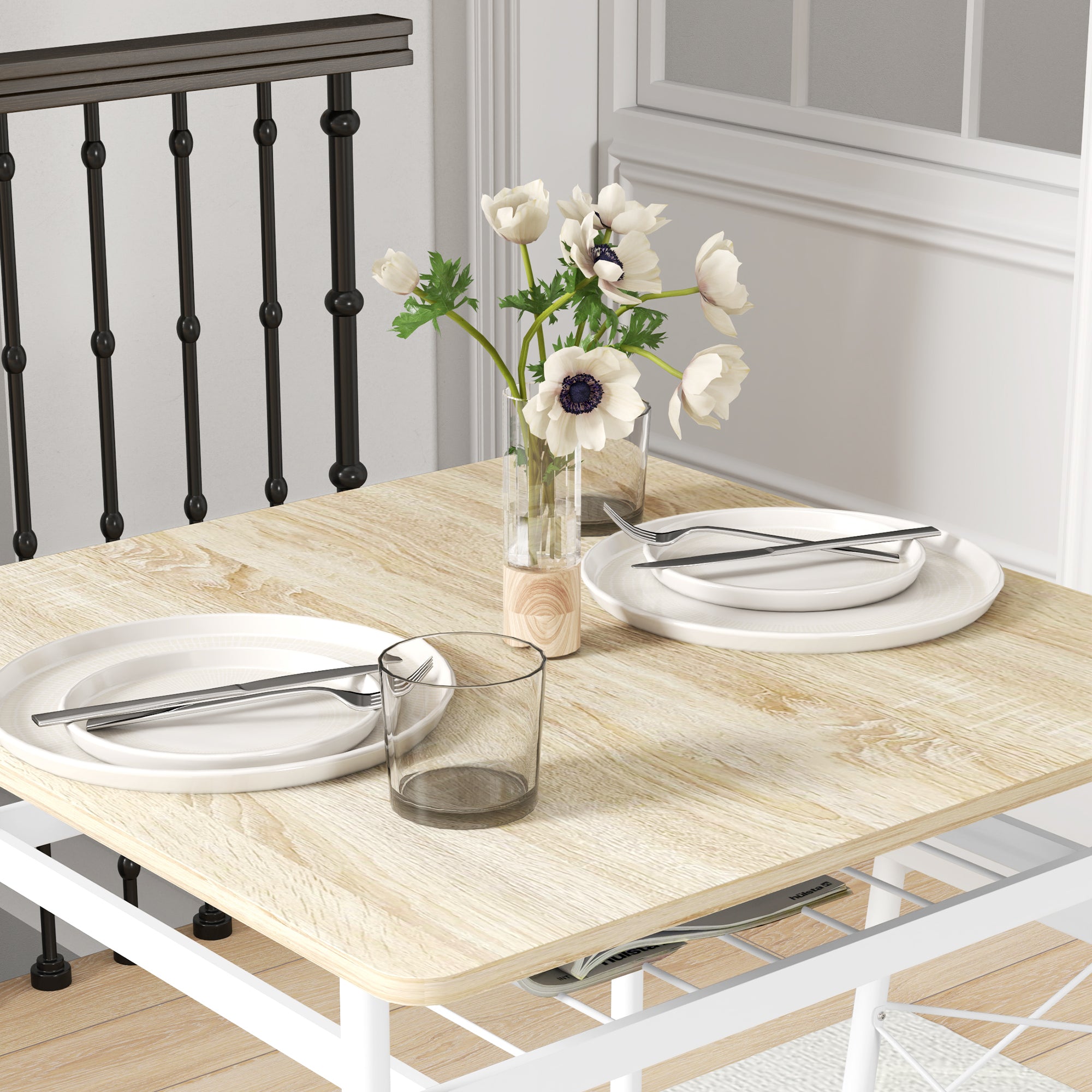 Ensemble table et chaises, table de cuisine avec chaises, structure en acier, avec 2 chaises encastrables, pour cuisine salon maison, blanc et chêne