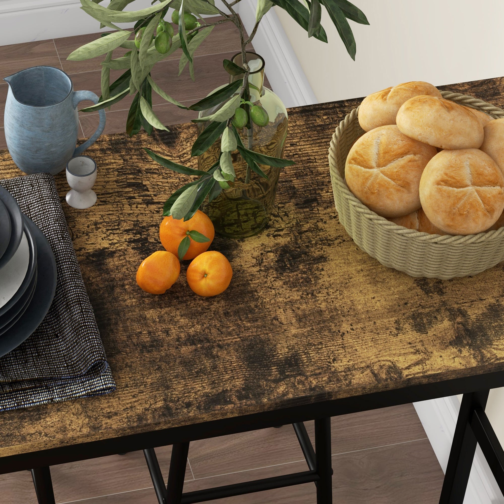 Ensemble table de bar bistrot + 2 tabourets avec repose-pieds table mange-debout structure en acier design industriel table haute de cuisine plateau aspect brun rustique noir