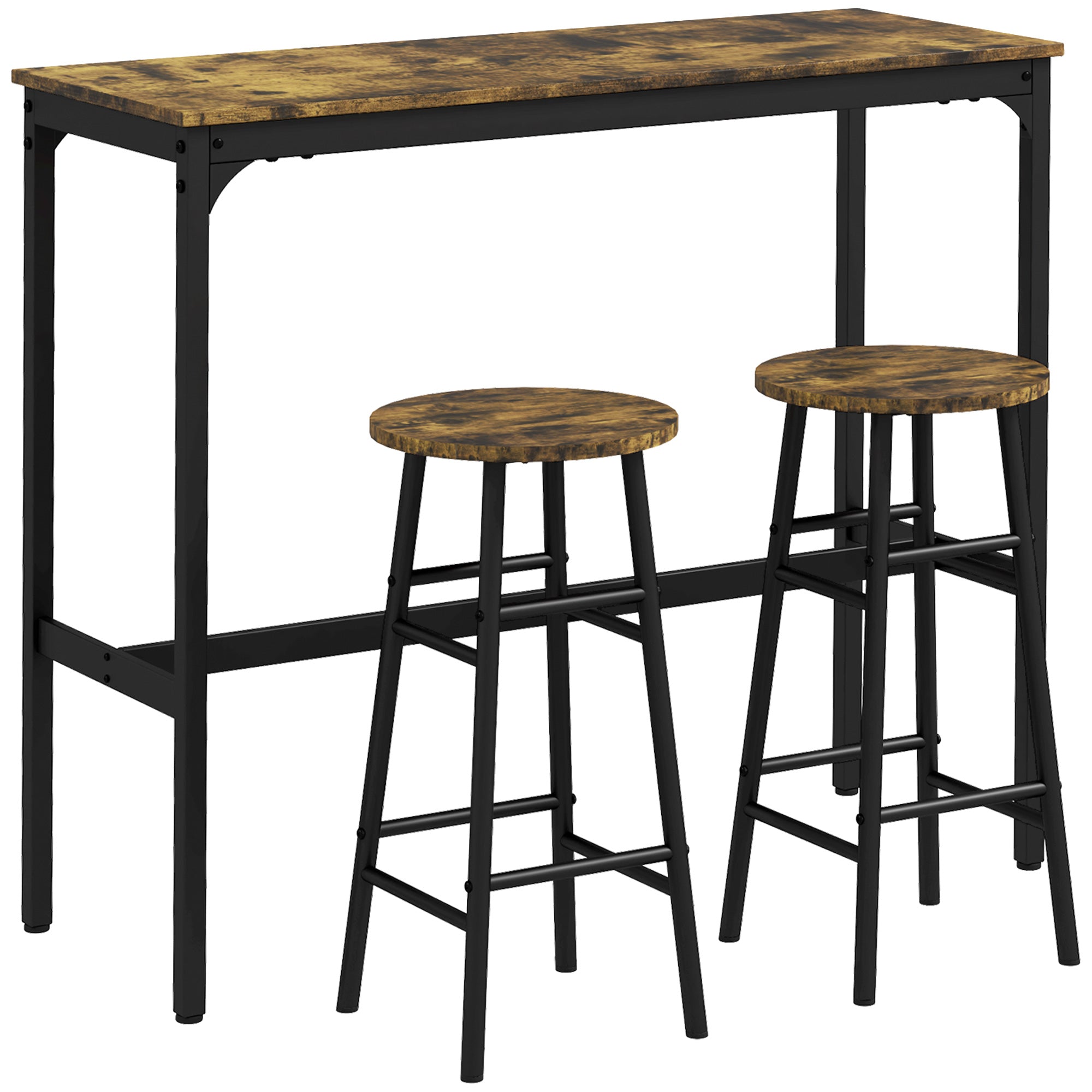Ensemble table de bar bistrot + 2 tabourets avec repose-pieds table mange-debout structure en acier design industriel table haute de cuisine plateau aspect brun rustique noir