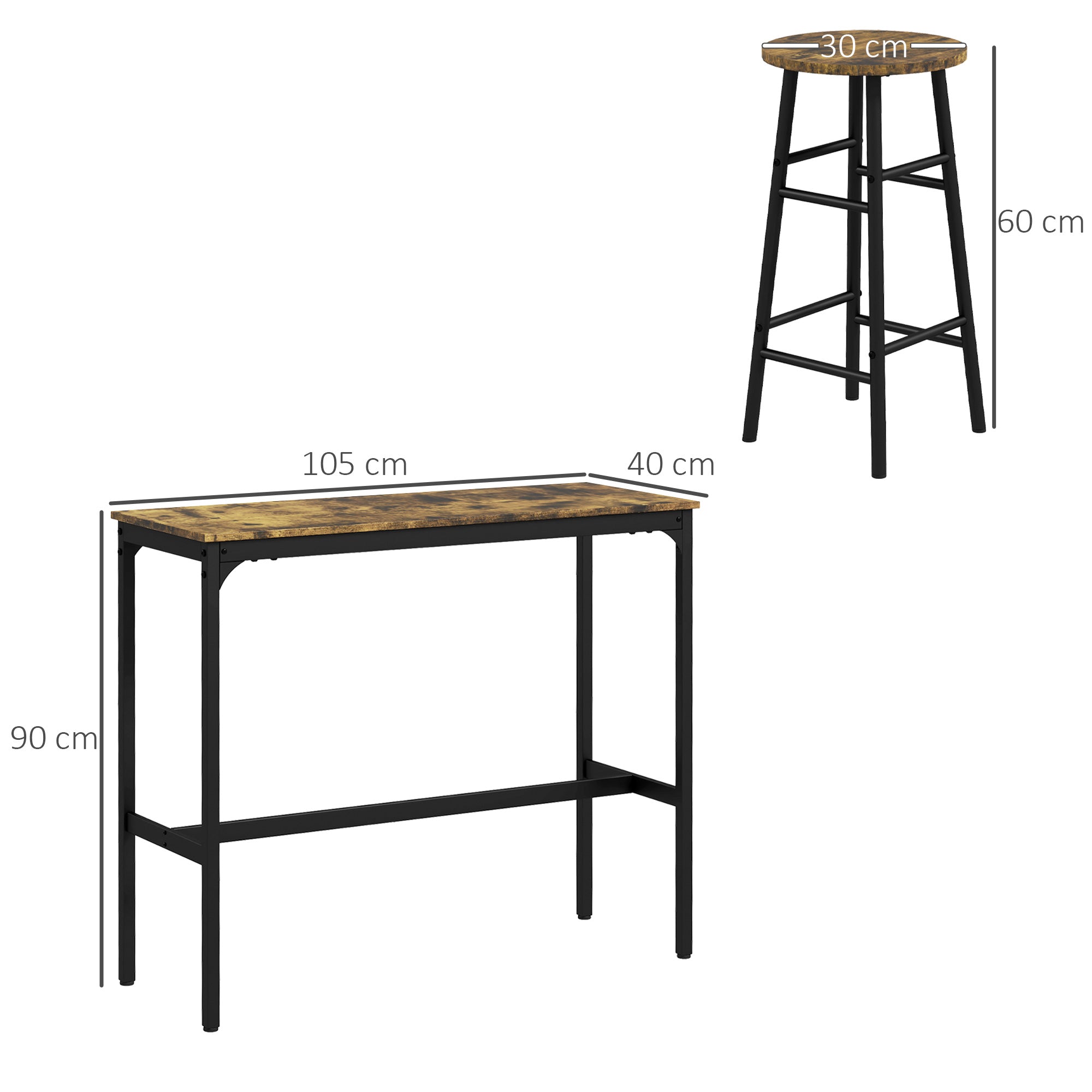 Ensemble table de bar bistrot + 2 tabourets avec repose-pieds table mange-debout structure en acier design industriel table haute de cuisine plateau aspect brun rustique noir