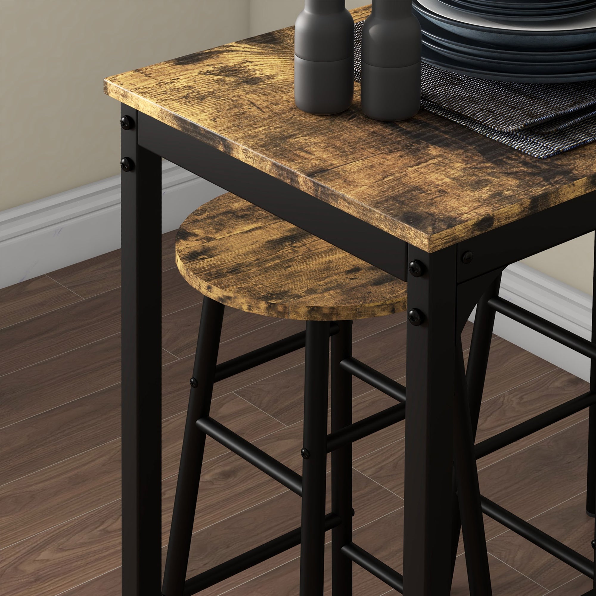 Ensemble table de bar bistrot + 2 tabourets avec repose-pieds table mange-debout structure en acier design industriel table haute de cuisine plateau aspect brun rustique noir