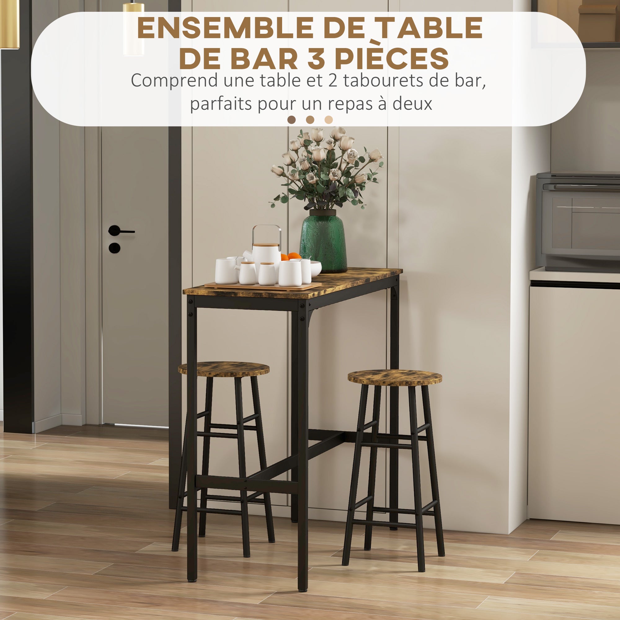 Ensemble table de bar bistrot + 2 tabourets avec repose-pieds table mange-debout structure en acier design industriel table haute de cuisine plateau aspect brun rustique noir