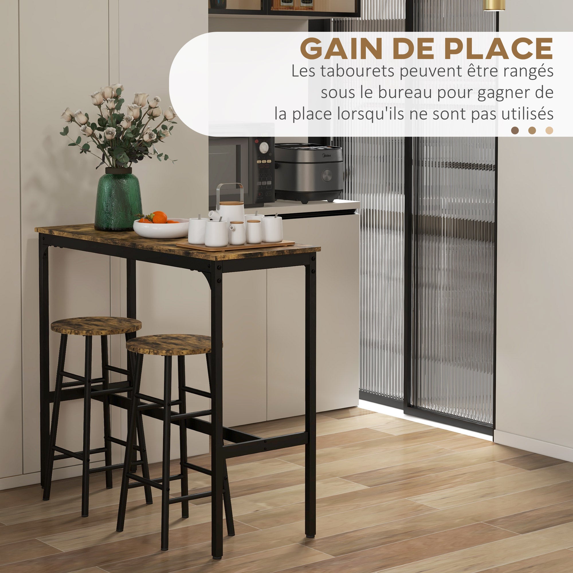 Ensemble table de bar bistrot + 2 tabourets avec repose-pieds table mange-debout structure en acier design industriel table haute de cuisine plateau aspect brun rustique noir