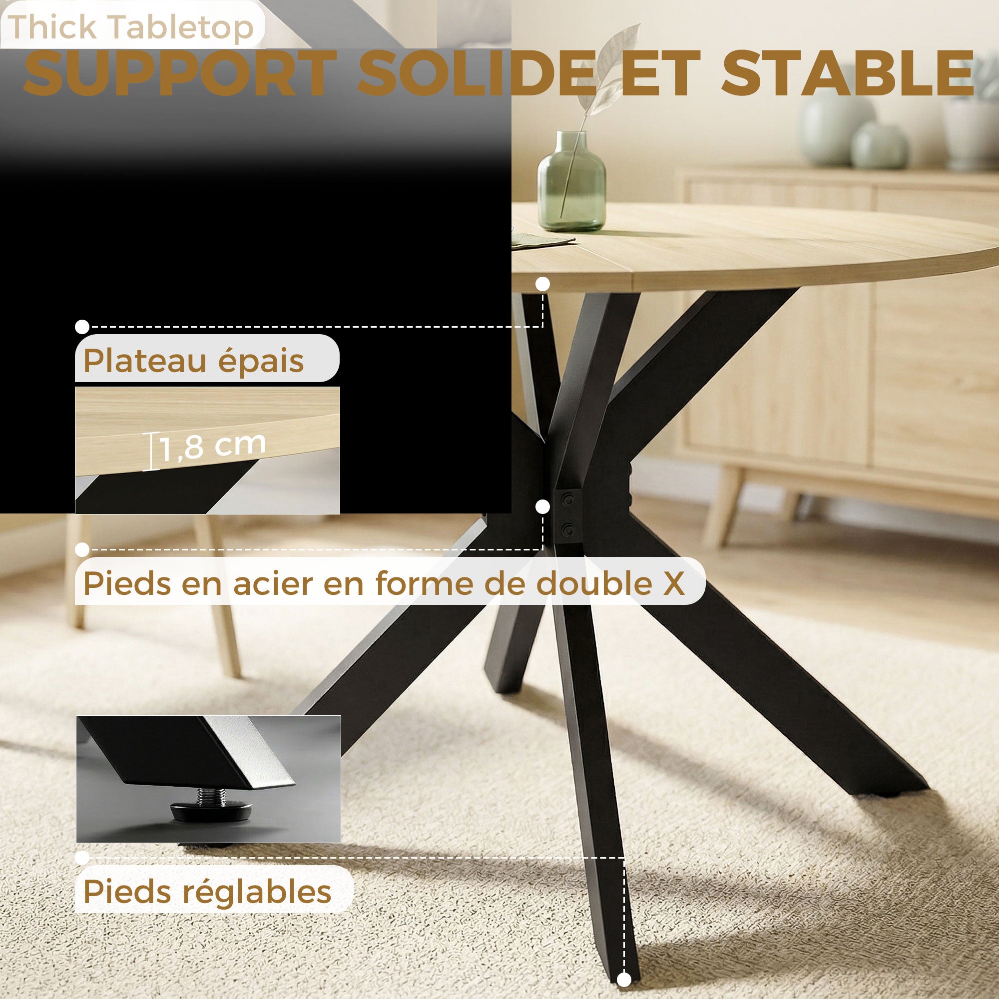 Table à manger pliante pour 2 à 6 personnes, table de cuisine ronde avec plateau rabattable et pieds croisés en acier, pour petits espaces, salle à manger, Ø110 x 76 cm, bois naturel