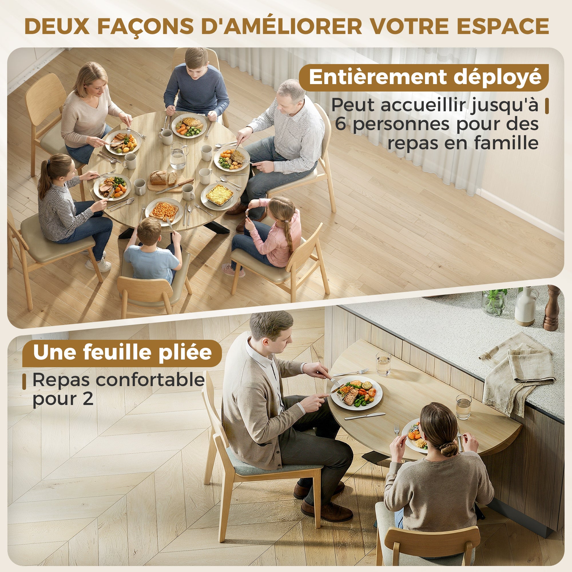 Table à manger pliante pour 2 à 6 personnes, table de cuisine ronde avec plateau rabattable et pieds croisés en acier, pour petits espaces, salle à manger, Ø110 x 76 cm, bois naturel