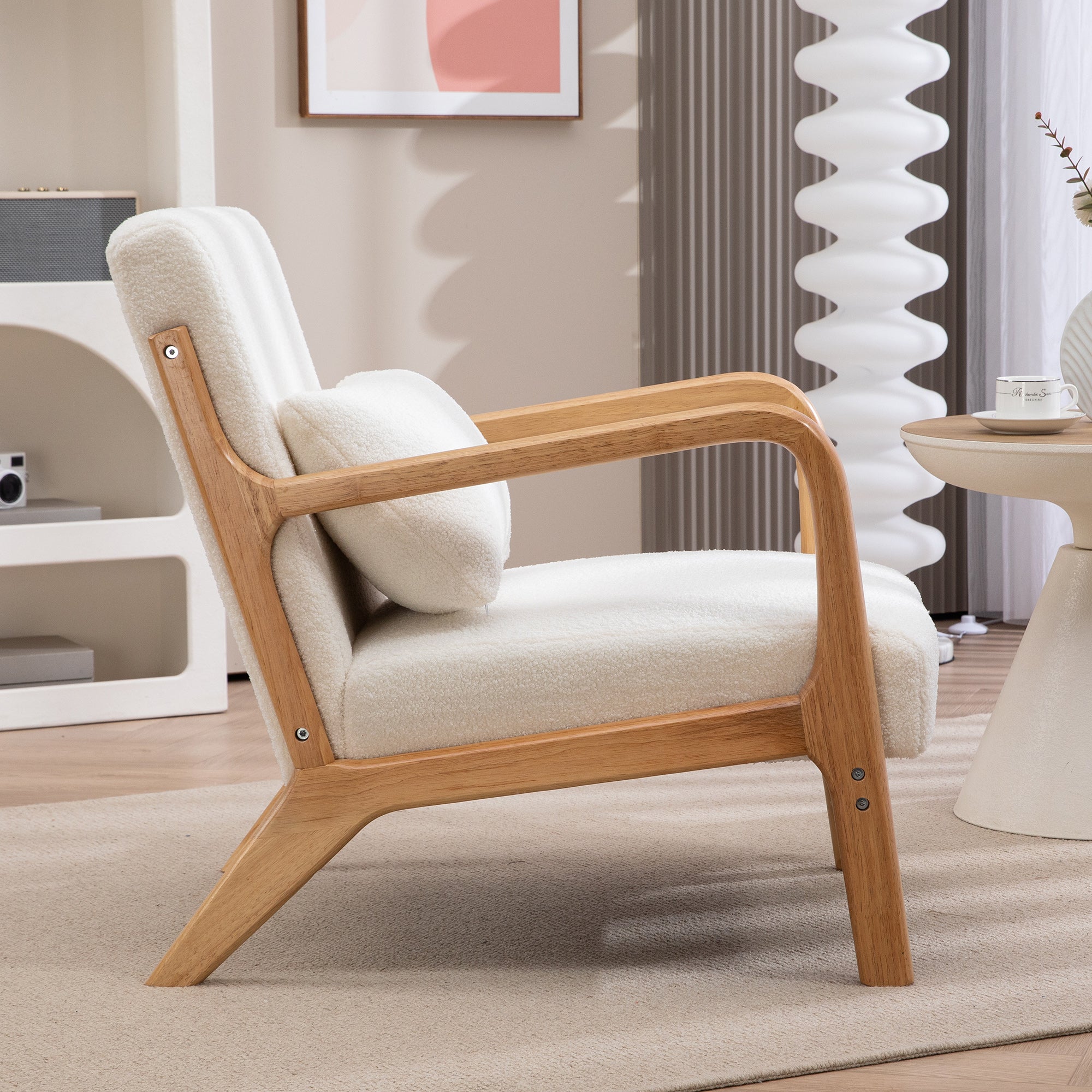 Fauteuil de salon avec cadre en bois massif fauteuil lounge - assise profonde - accoudoirs - aspect velours crème