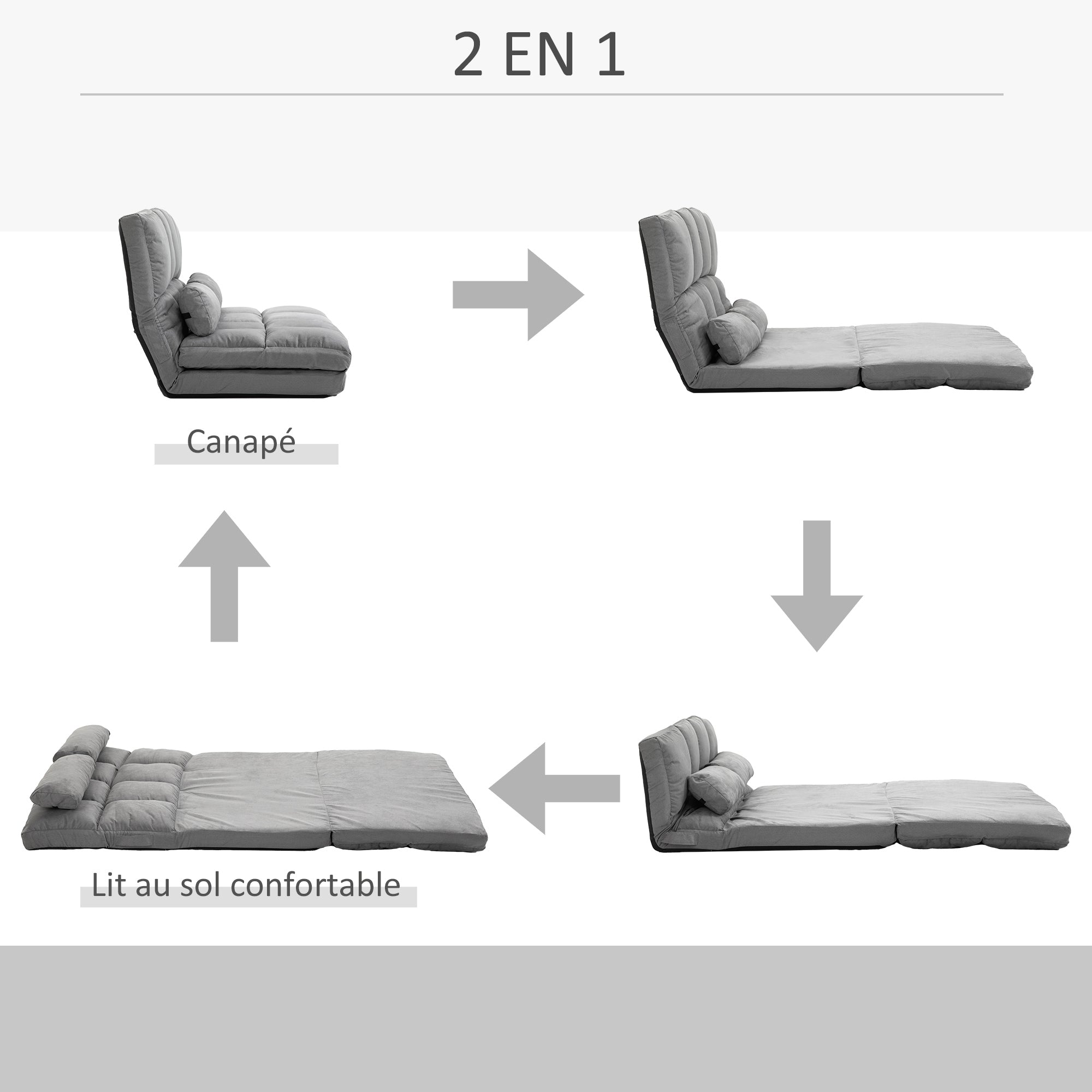 Chauffeuse matelas d'appoint pliant fauteuil convertible inclinaison dossier réglable 2 coussins inclus en polyester aspect suédé, pour salon, chambre et bureau, gris