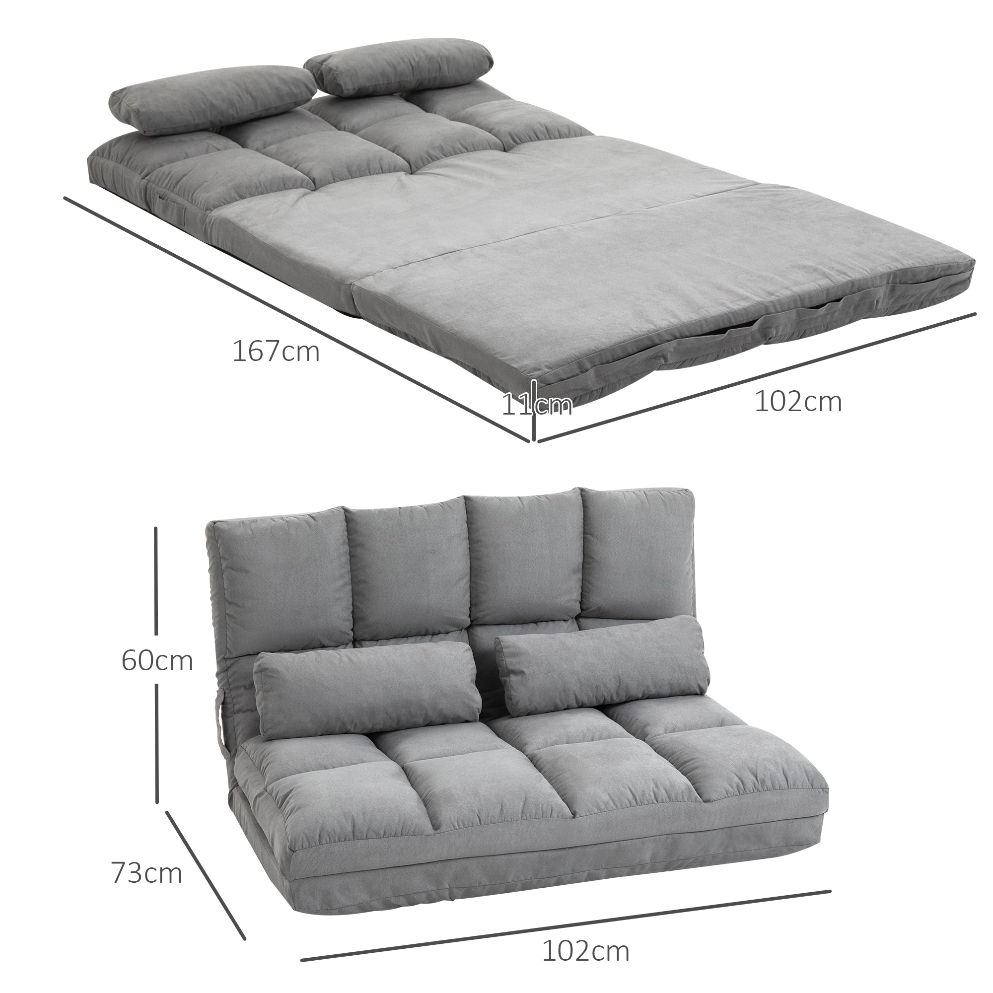 Chauffeuse matelas d'appoint pliant fauteuil convertible inclinaison dossier réglable 2 coussins inclus en polyester aspect suédé, pour salon, chambre et bureau, gris