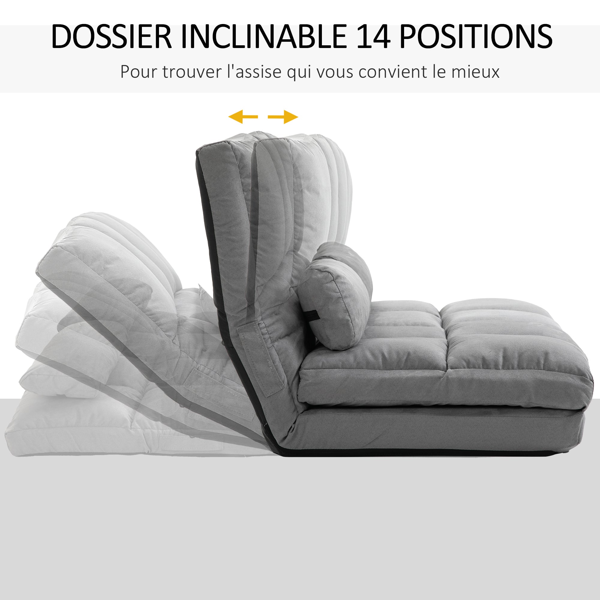 Chauffeuse matelas d'appoint pliant fauteuil convertible inclinaison dossier réglable 2 coussins inclus en polyester aspect suédé, pour salon, chambre et bureau, gris