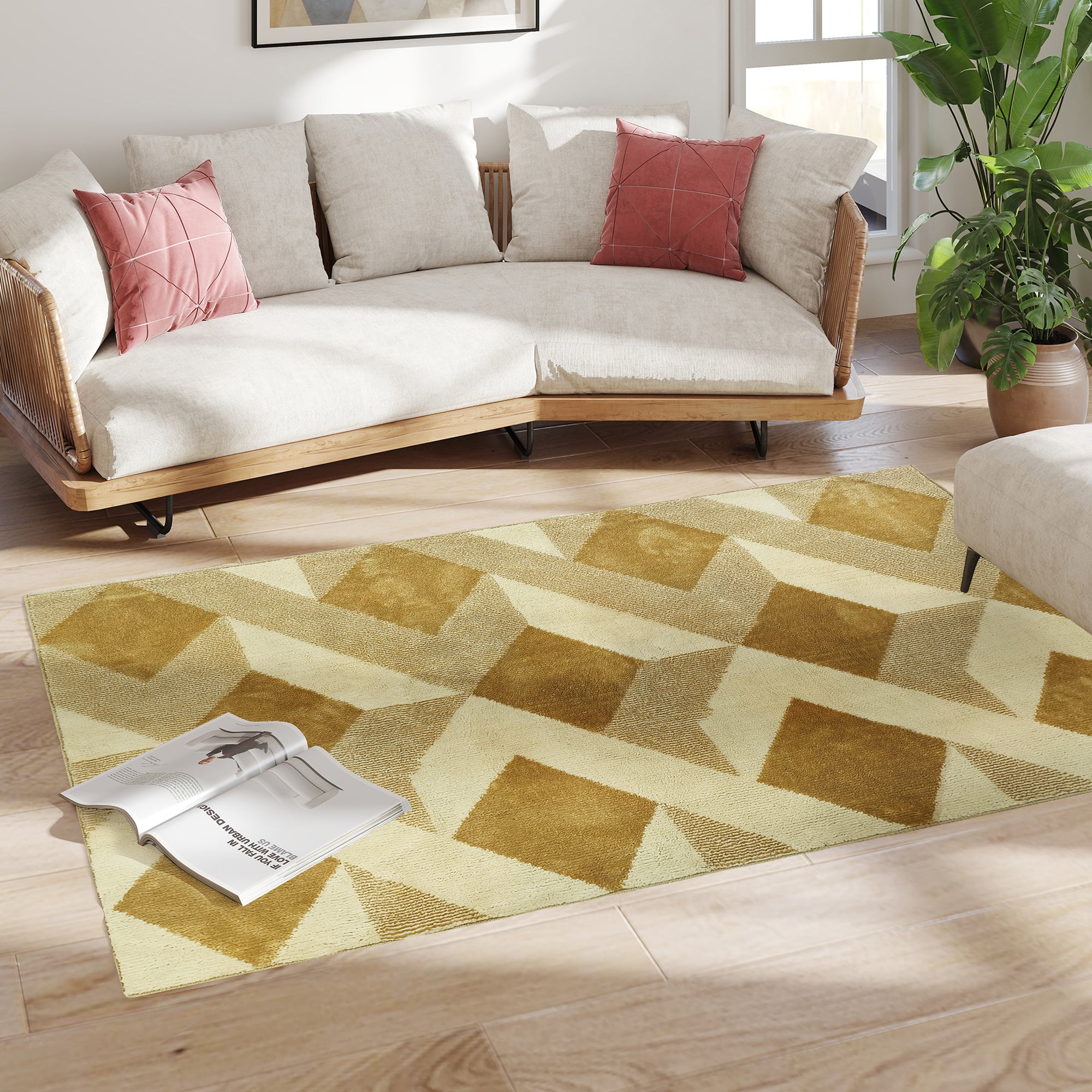 Tapis salon 170 x 120 cm tapis à poils courts, lavable en machine, hypoallergénique, pour salon, chambre à coucher, bureau, jaune