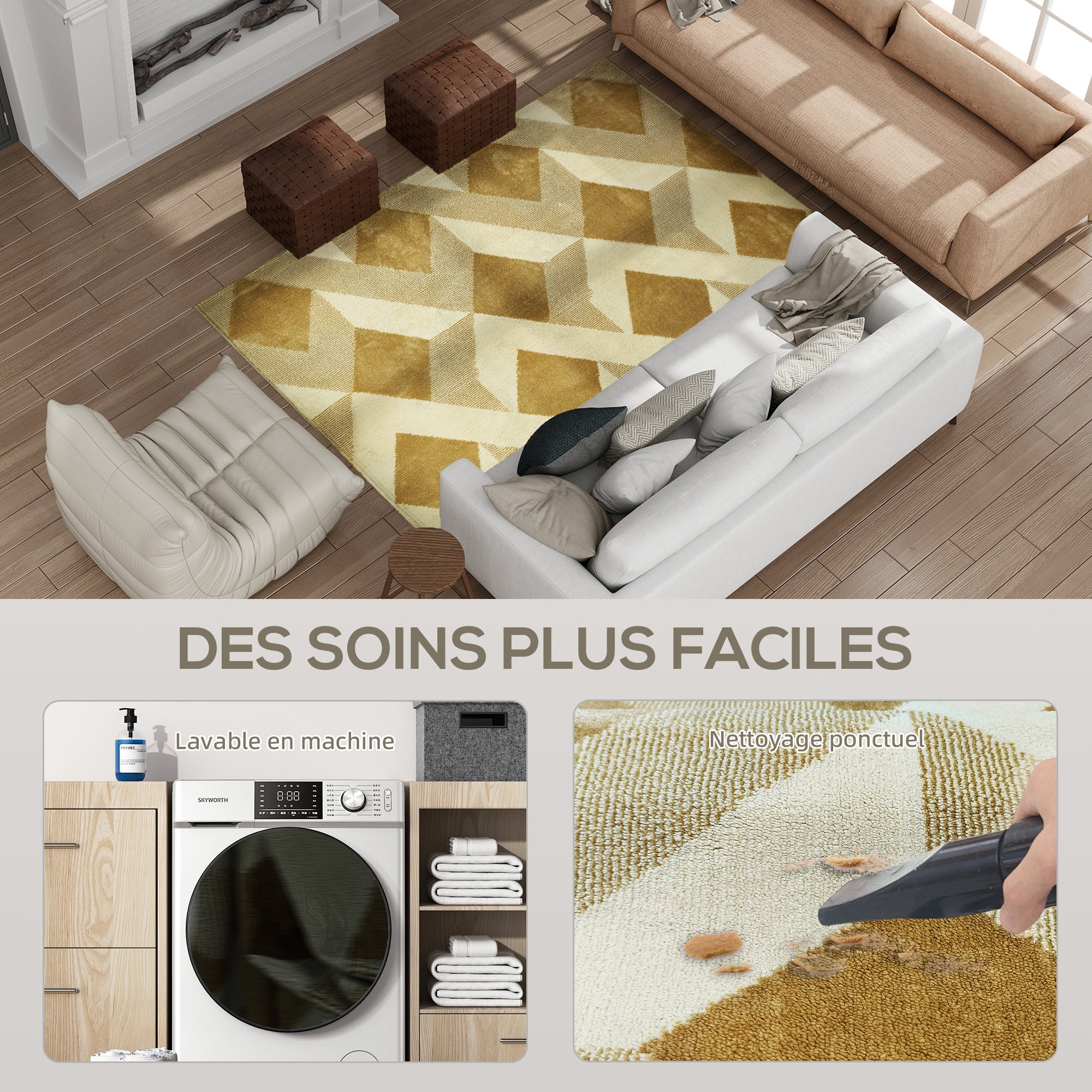 Tapis salon 170 x 120 cm tapis à poils courts, lavable en machine, hypoallergénique, pour salon, chambre à coucher, bureau, jaune