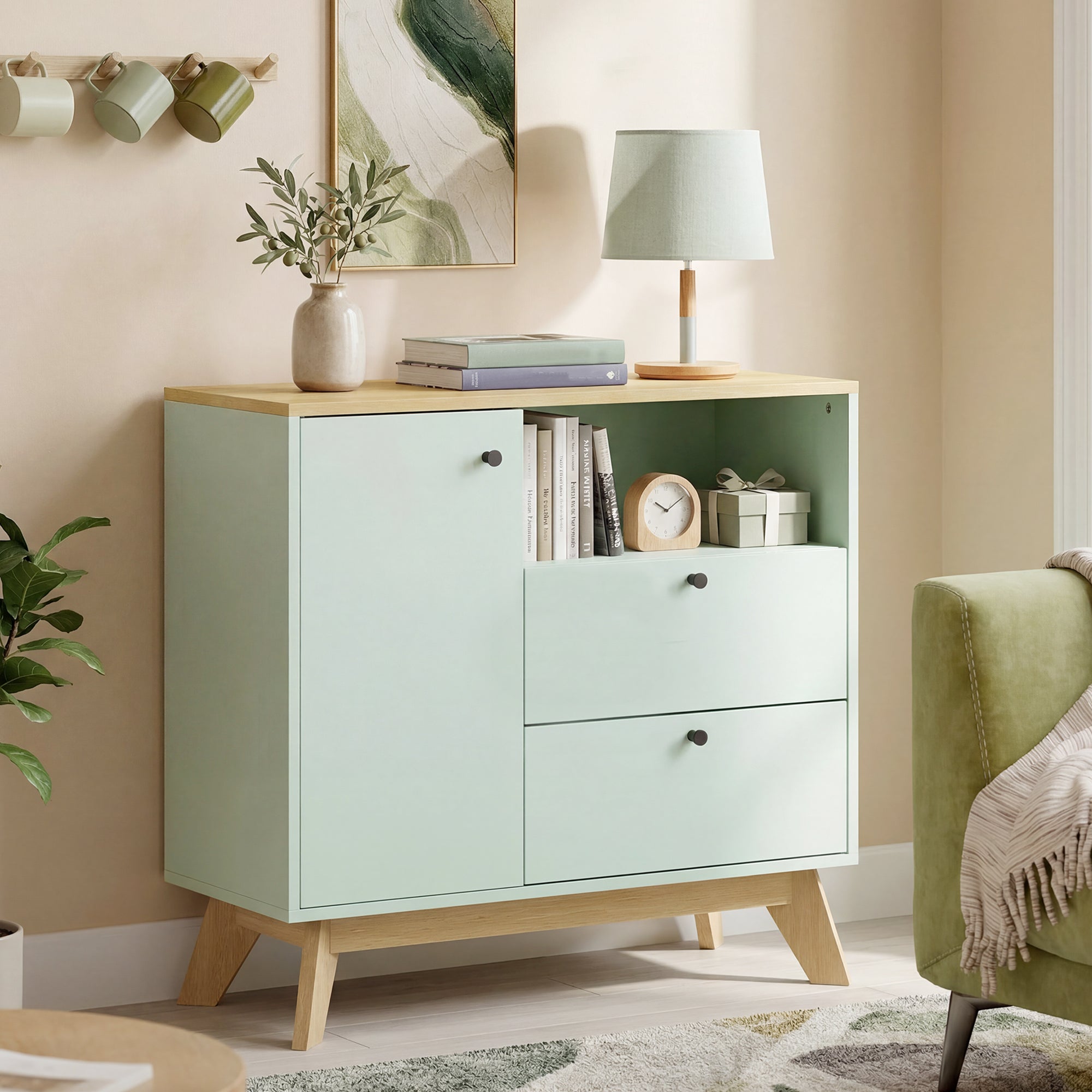 Buffet salon, meuble de rangement avec porte, 2 tiroirs, compartiment ouvert et étagère réglable, style moderne, buffet salle à manger et cuisine, 80 x 35 x 76,3 cm, vert clair et chêne