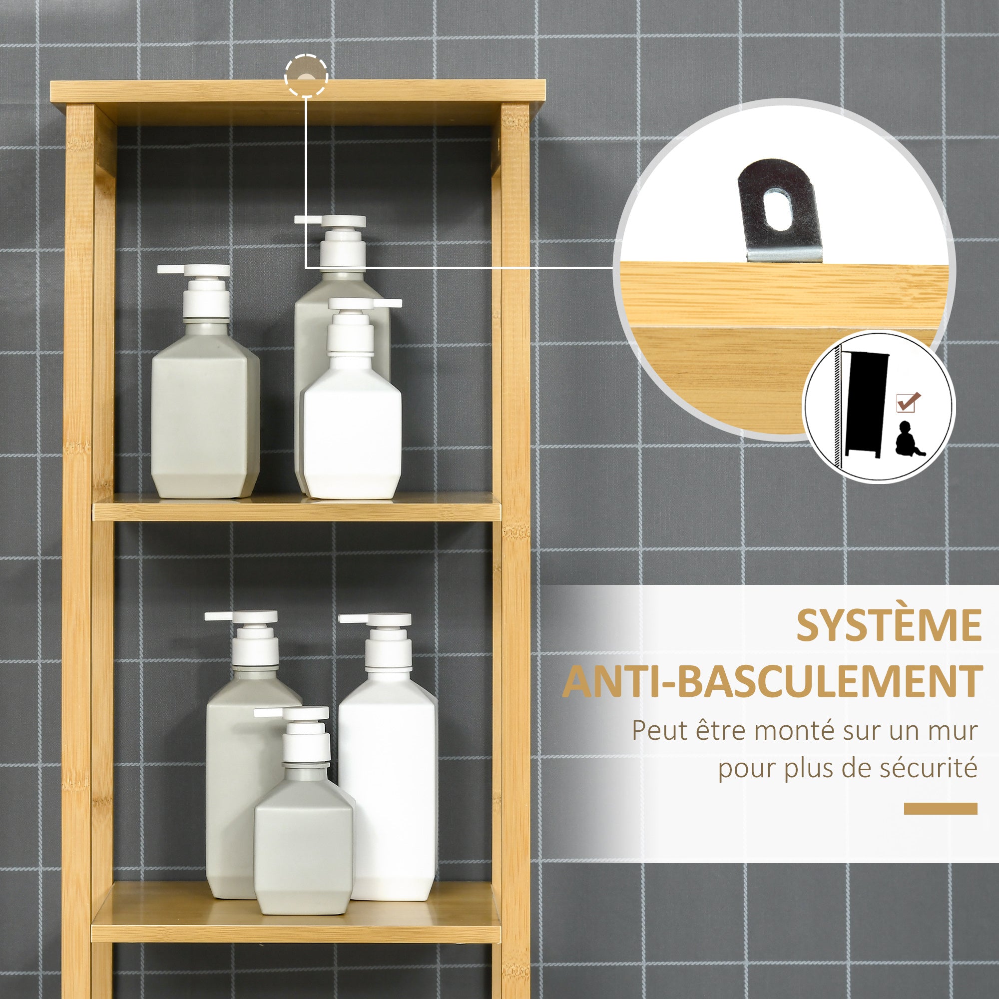 Meuble colonne de salle de bain avec 3 étagères et placard porte persienne en bambou