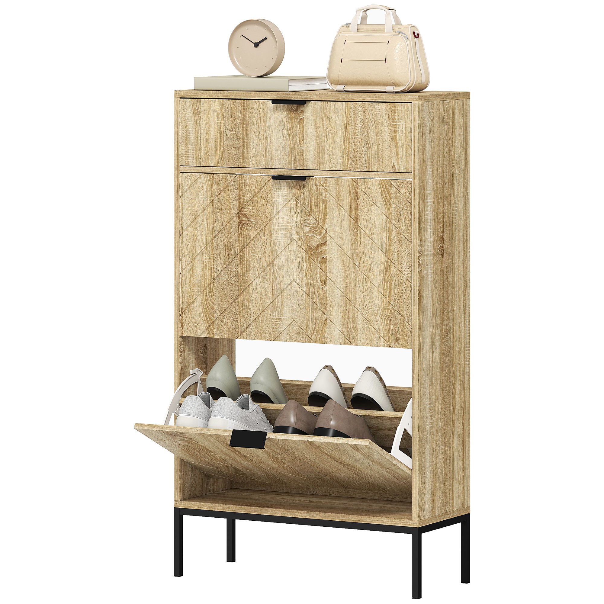 Meuble à chaussures 8 paires, armoire à chaussures étroite, meuble d'entrée avec tiroir coulissant, 2 tiroirs rabattables et étagères réglables, pour couloir et entrée, 60x24x105,5cm, chêne