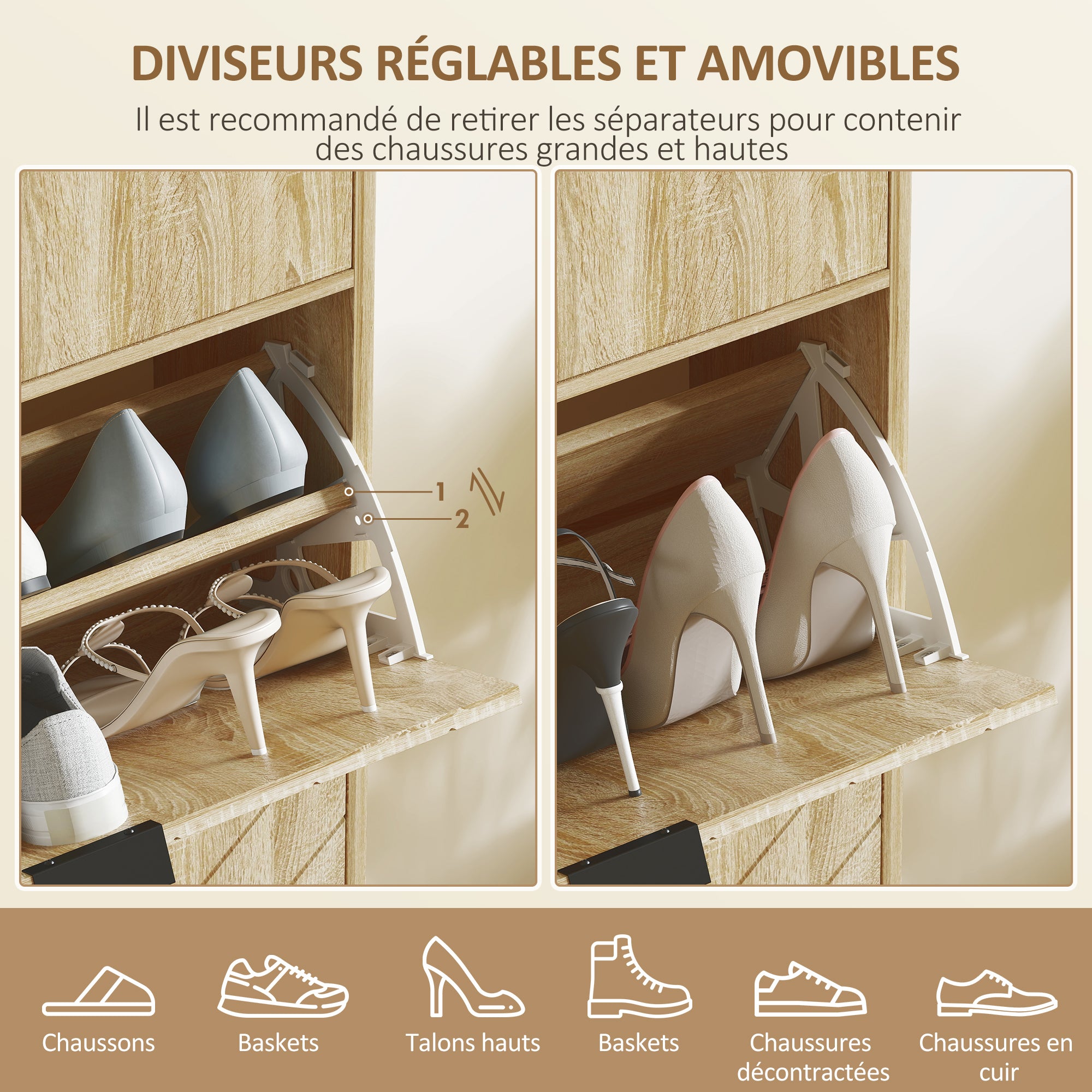 Meuble à chaussures 8 paires, armoire à chaussures étroite, meuble d'entrée avec tiroir coulissant, 2 tiroirs rabattables et étagères réglables, pour couloir et entrée, 60x24x105,5cm, chêne