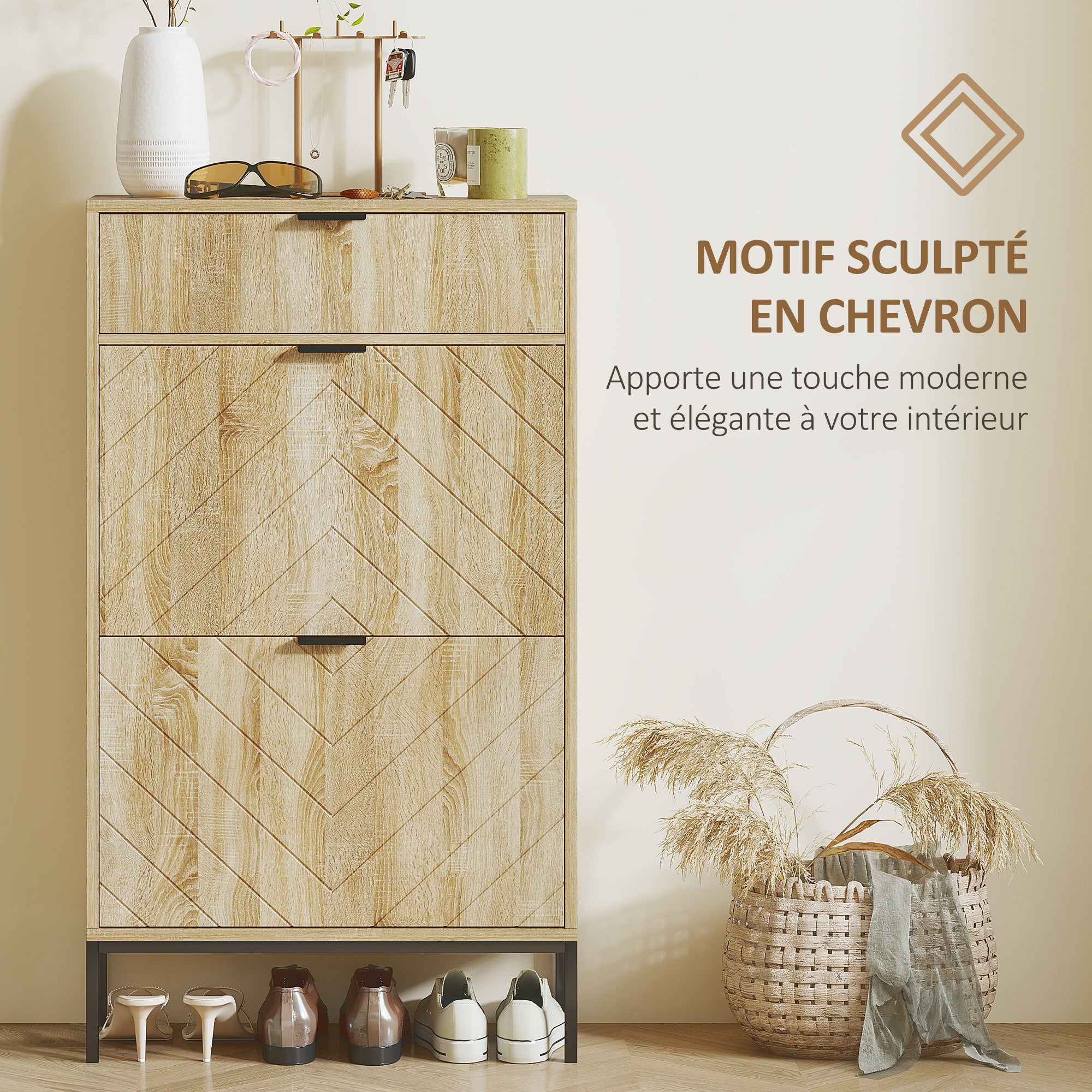 Meuble à chaussures 8 paires, armoire à chaussures étroite, meuble d'entrée avec tiroir coulissant, 2 tiroirs rabattables et étagères réglables, pour couloir et entrée, 60x24x105,5cm, chêne