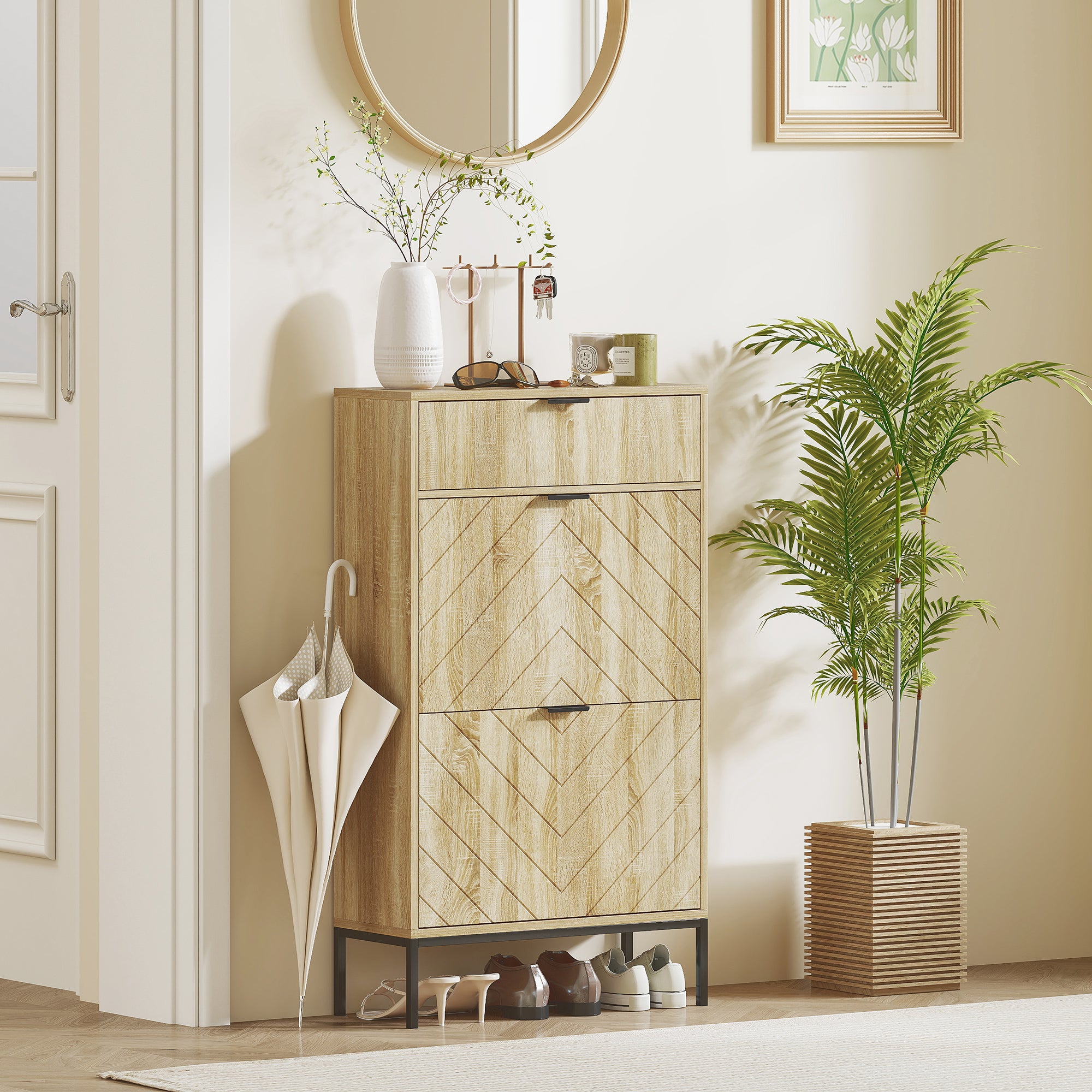 Meuble à chaussures 8 paires, armoire à chaussures étroite, meuble d'entrée avec tiroir coulissant, 2 tiroirs rabattables et étagères réglables, pour couloir et entrée, 60x24x105,5cm, chêne