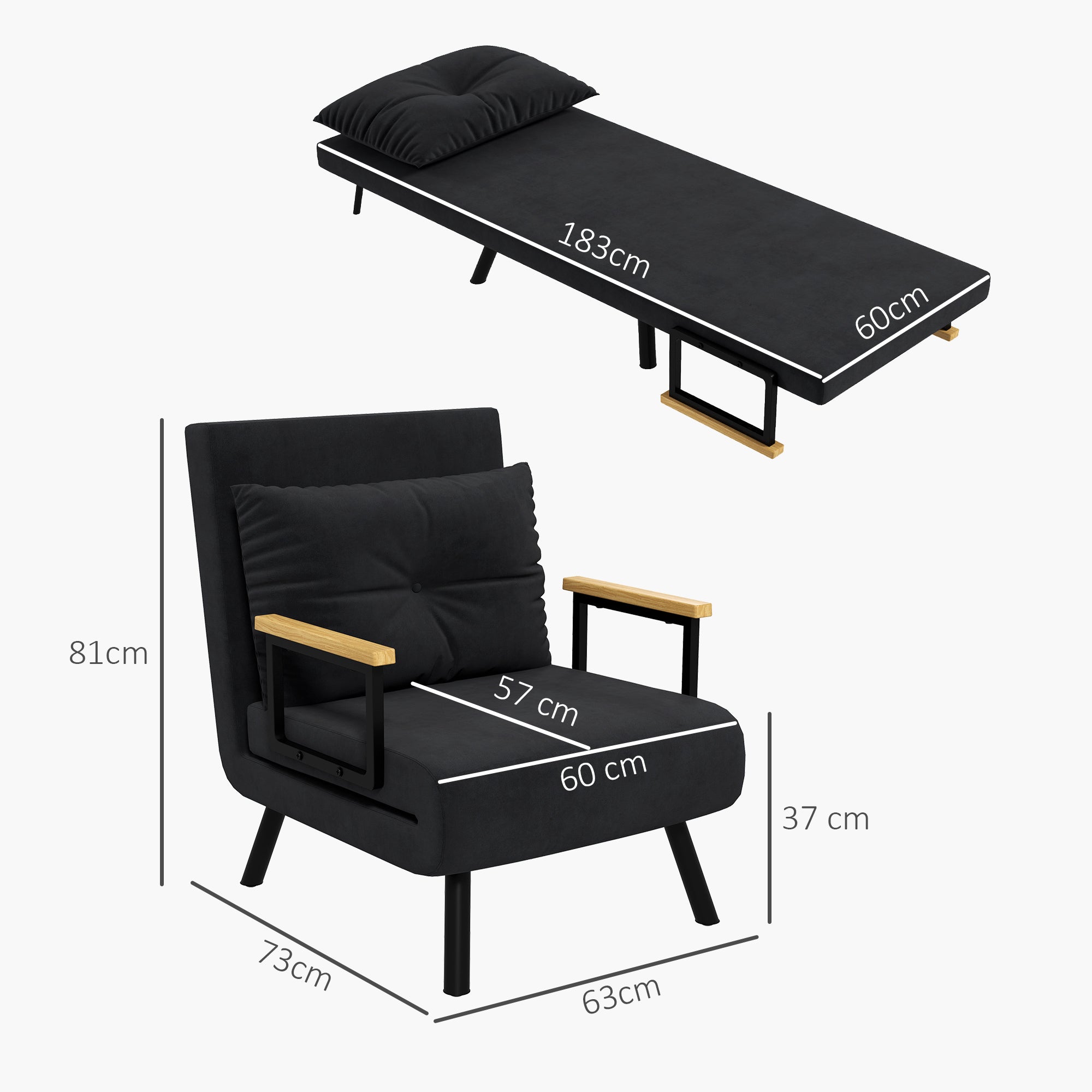 Fauteuil convertible 1 place chauffeuse 4 en 1 canapé convertible fauteuil lit avec dossier réglable en 5 positions, coussin inclus, canapé-lit 1 place pour invités, salon, charge 120 kg, noir
