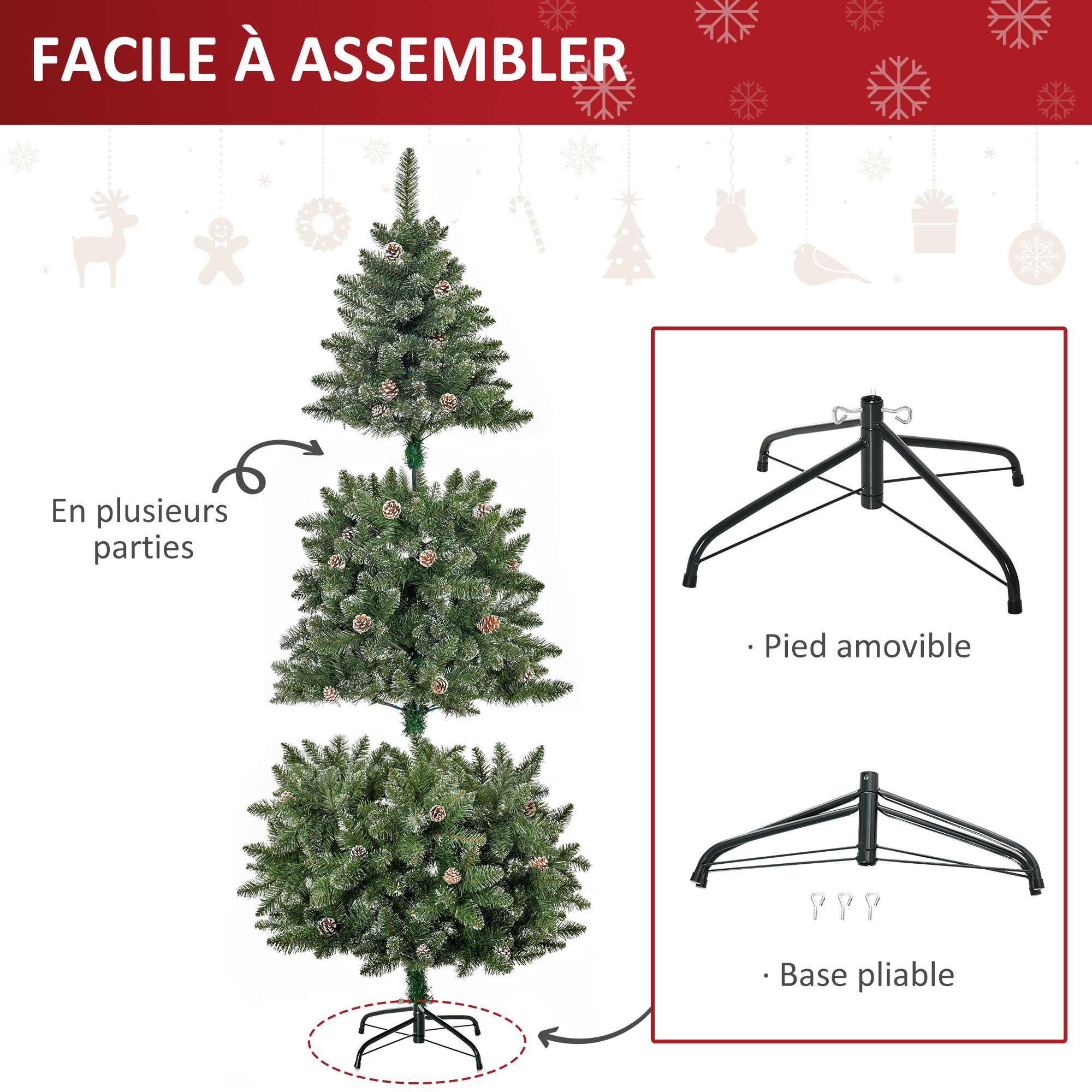 Sapin de Noël Artificiel Aspect enneigé 180H cm 50 Pommes de pin 718 Branches épines Imitation Nordmann Grand réalisme