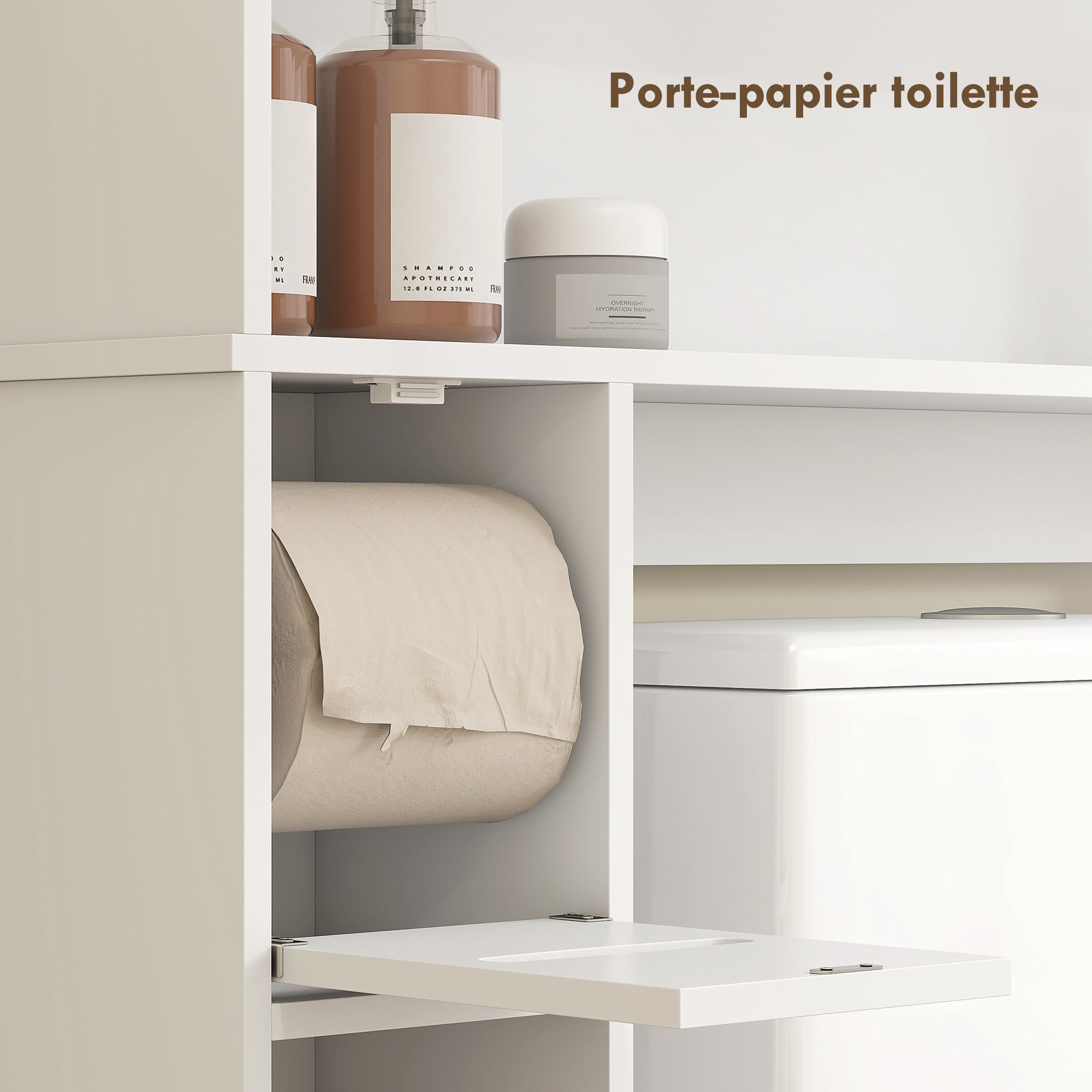 Meuble WC dessus de toilette/machine à laver avec placard à porte double, étagère réglable, meuble toilettes WC rangement armoire salle de bain avec niches et porte-papier, 80x19,5x170cm, blanc
