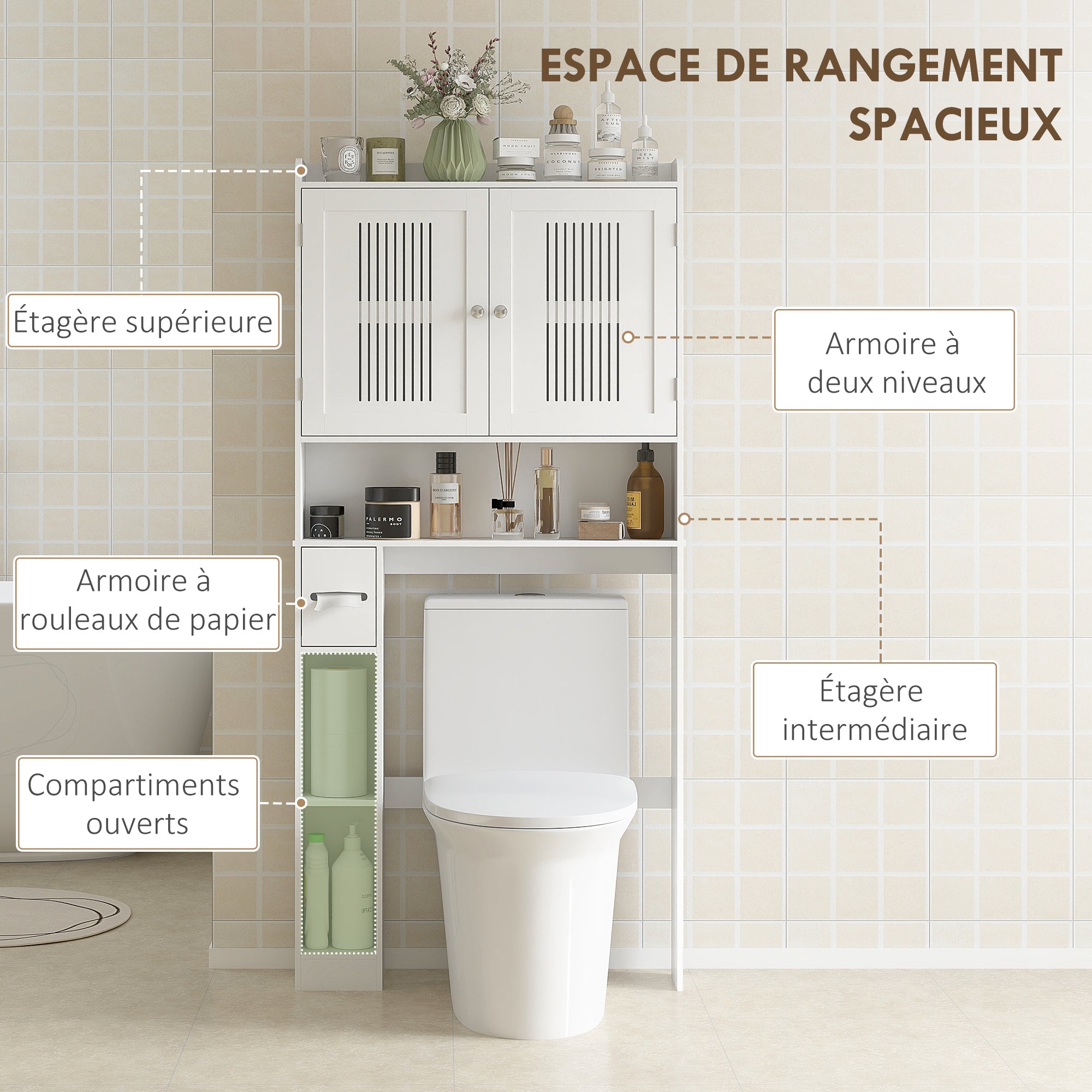 Meuble WC dessus de toilette/machine à laver avec placard à porte double, étagère réglable, meuble toilettes WC rangement armoire salle de bain avec niches et porte-papier, 80x19,5x170cm, blanc