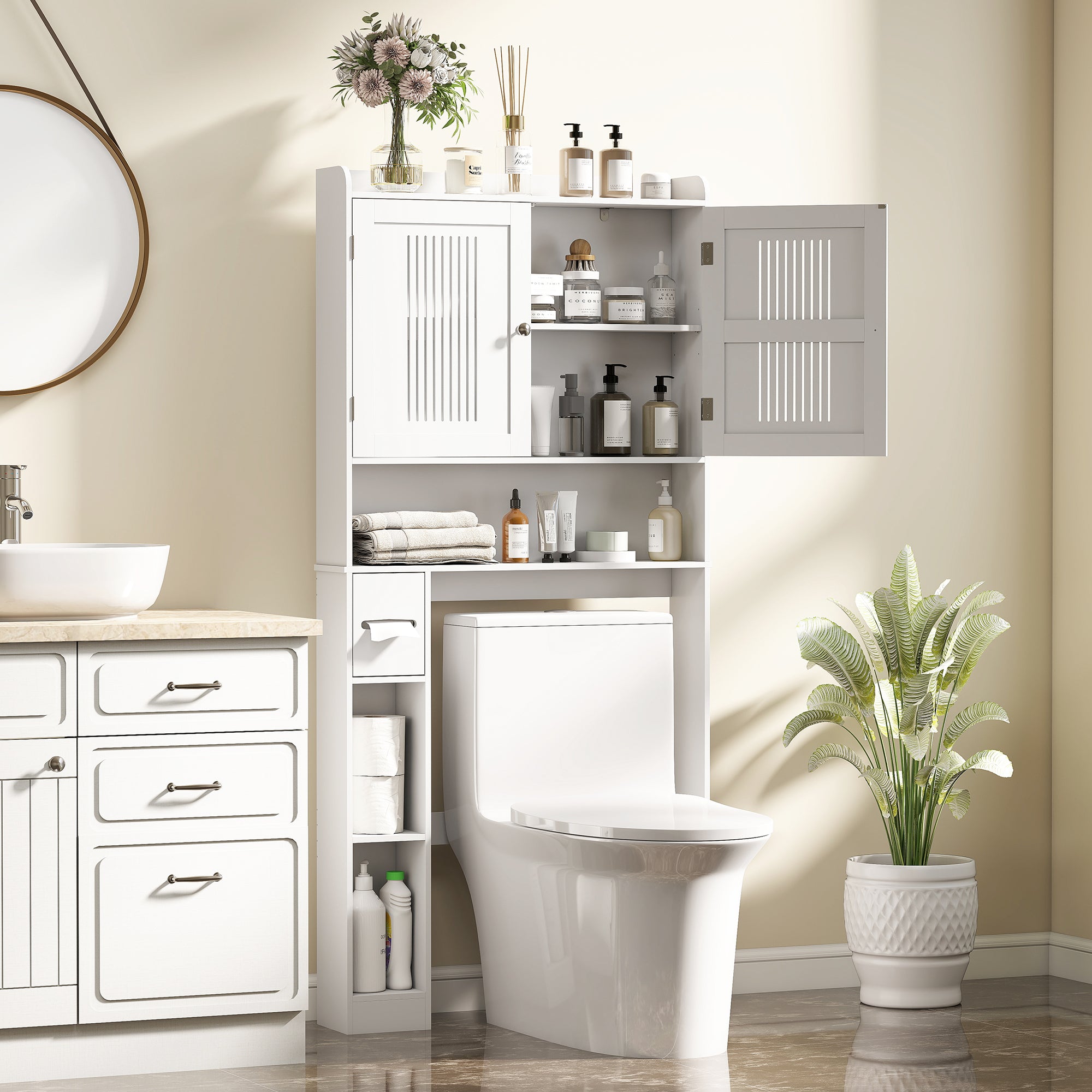 Meuble WC dessus de toilette/machine à laver avec placard à porte double, étagère réglable, meuble toilettes WC rangement armoire salle de bain avec niches et porte-papier, 80x19,5x170cm, blanc