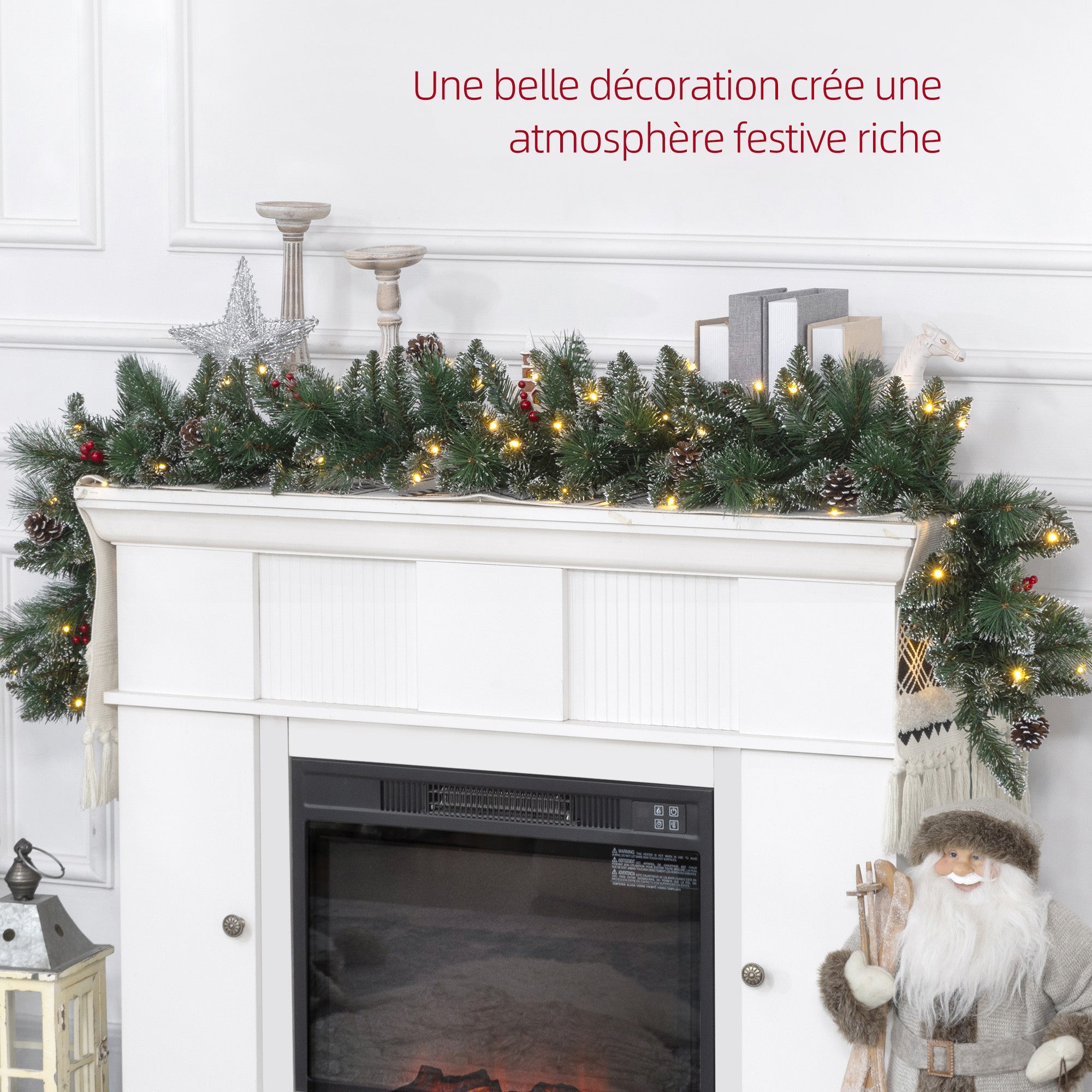 Guirlande de Noël artificielle lumineuse de 1,8 m décoration de Noël avec pommes de pin, grappes de baies, 50 lumières LED et minuterie pour escaliers, cheminées, vert