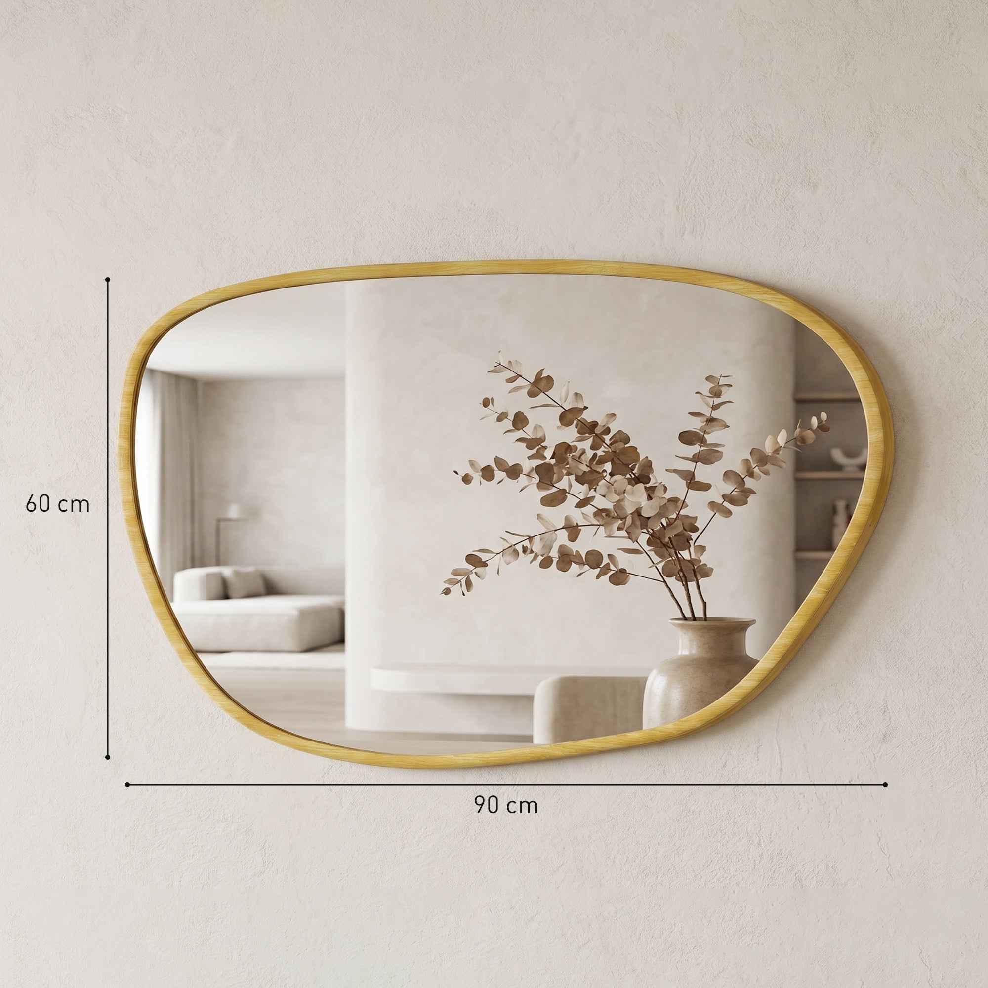 Miroir mural, miroir décoratif asymétrique 90 x 60 cm en verre trempé, pour salle de bain, chambre, salon, couloir, naturel