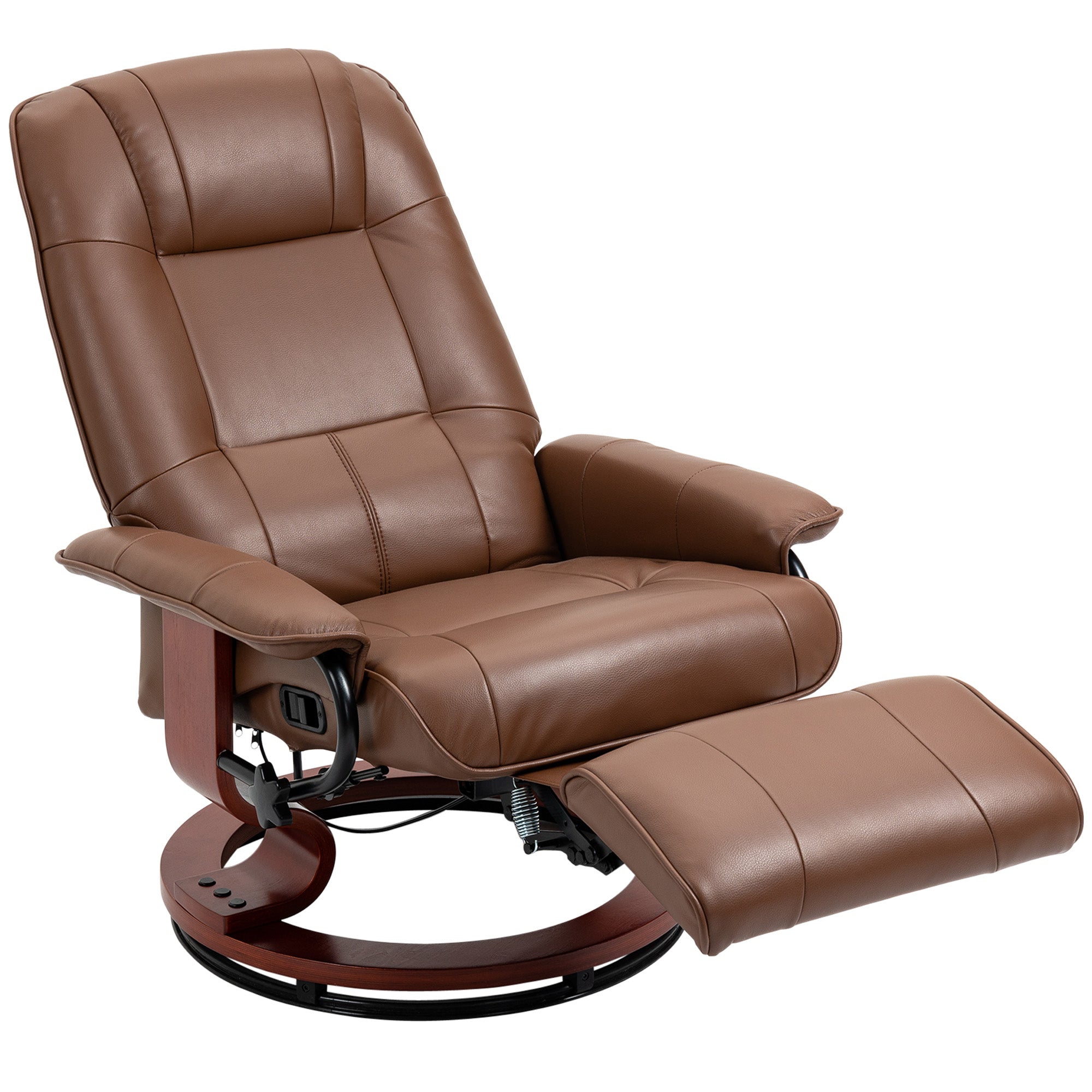 Fauteuil relax inclinable fauteuil de salon repose-pieds réglable pivotant 360° piètement bois revêtement synthétique marron