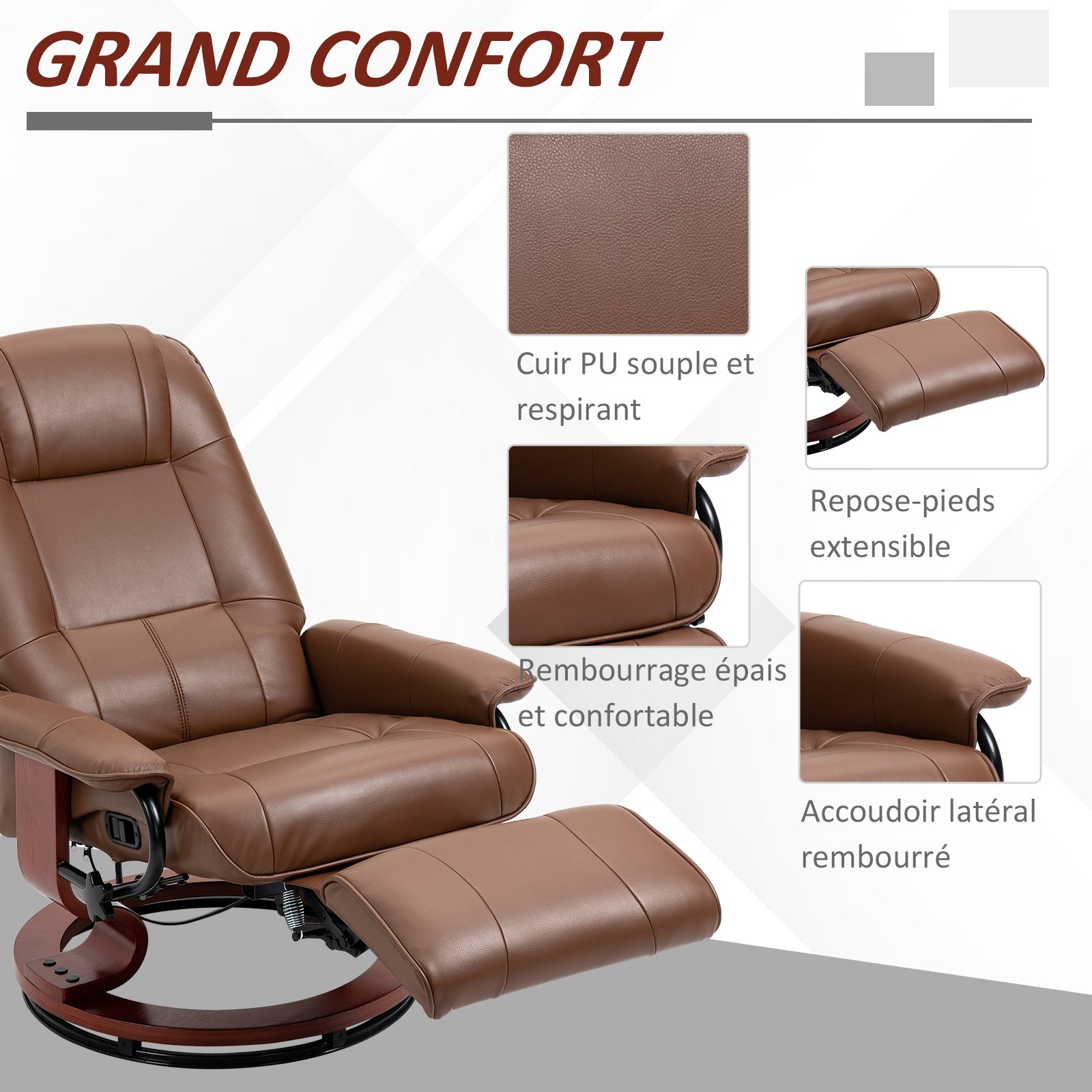 Fauteuil relax inclinable fauteuil de salon repose-pieds réglable pivotant 360° piètement bois revêtement synthétique marron