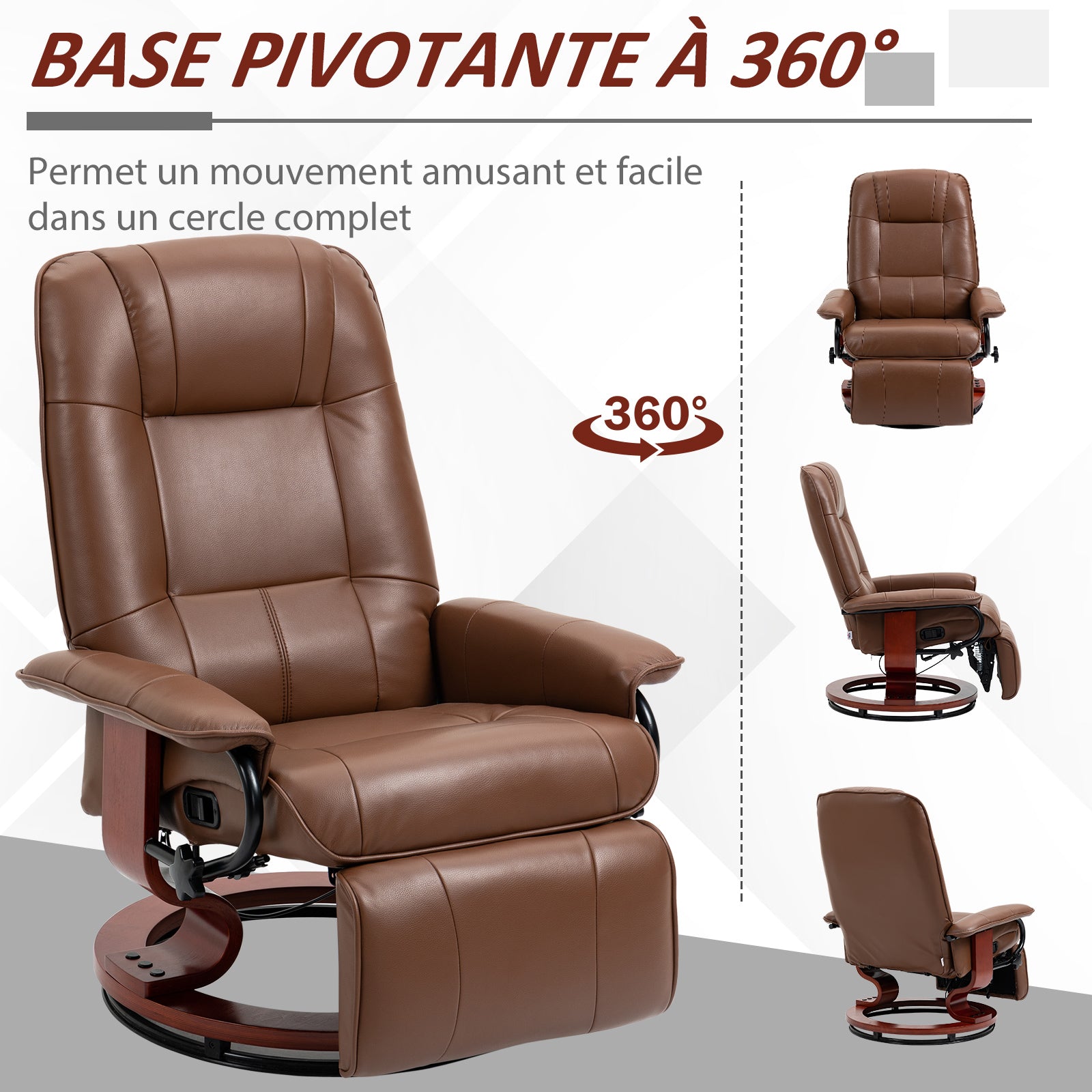 Fauteuil relax inclinable fauteuil de salon repose-pieds réglable pivotant 360° piètement bois revêtement synthétique marron