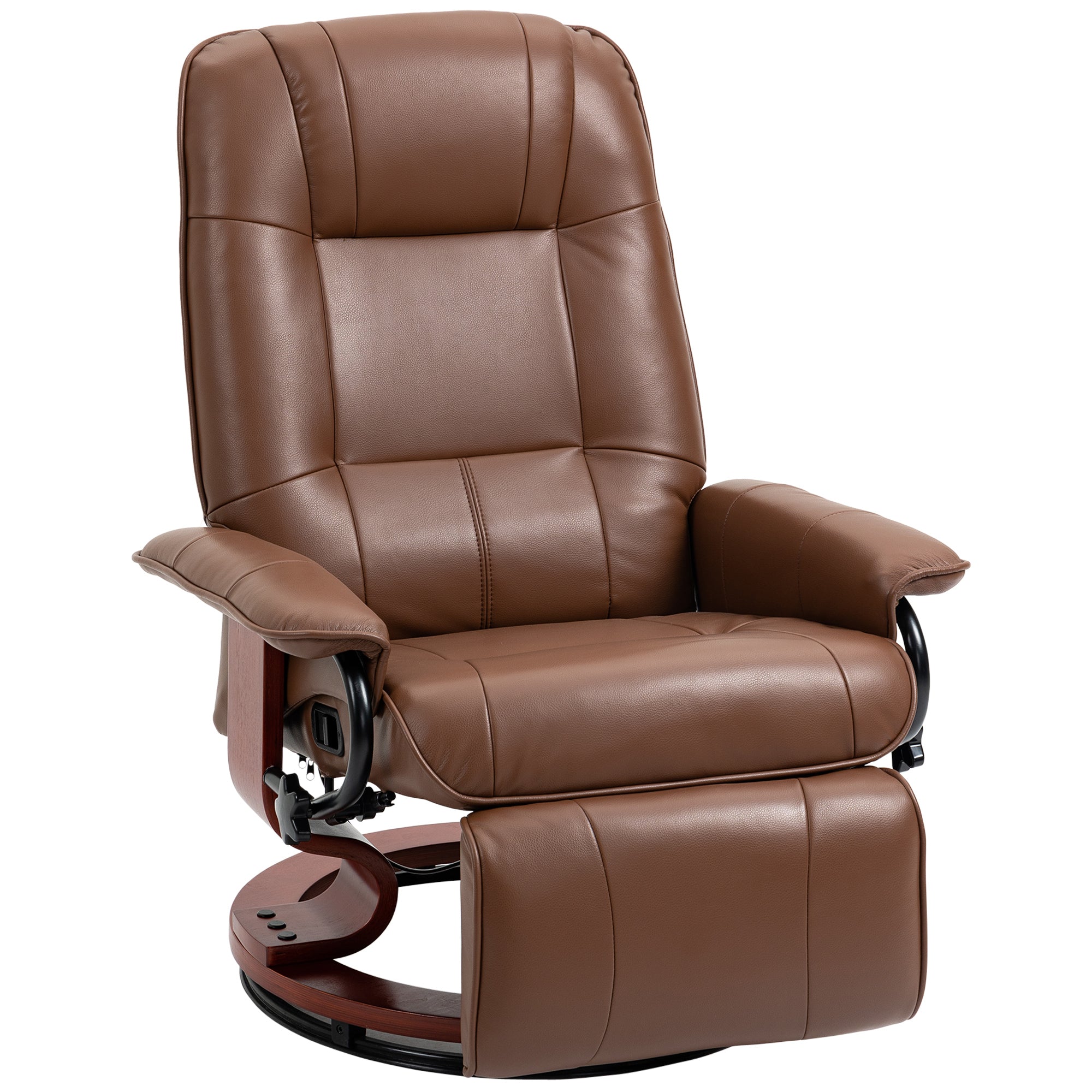 Fauteuil relax inclinable fauteuil de salon repose-pieds réglable pivotant 360° piètement bois revêtement synthétique marron
