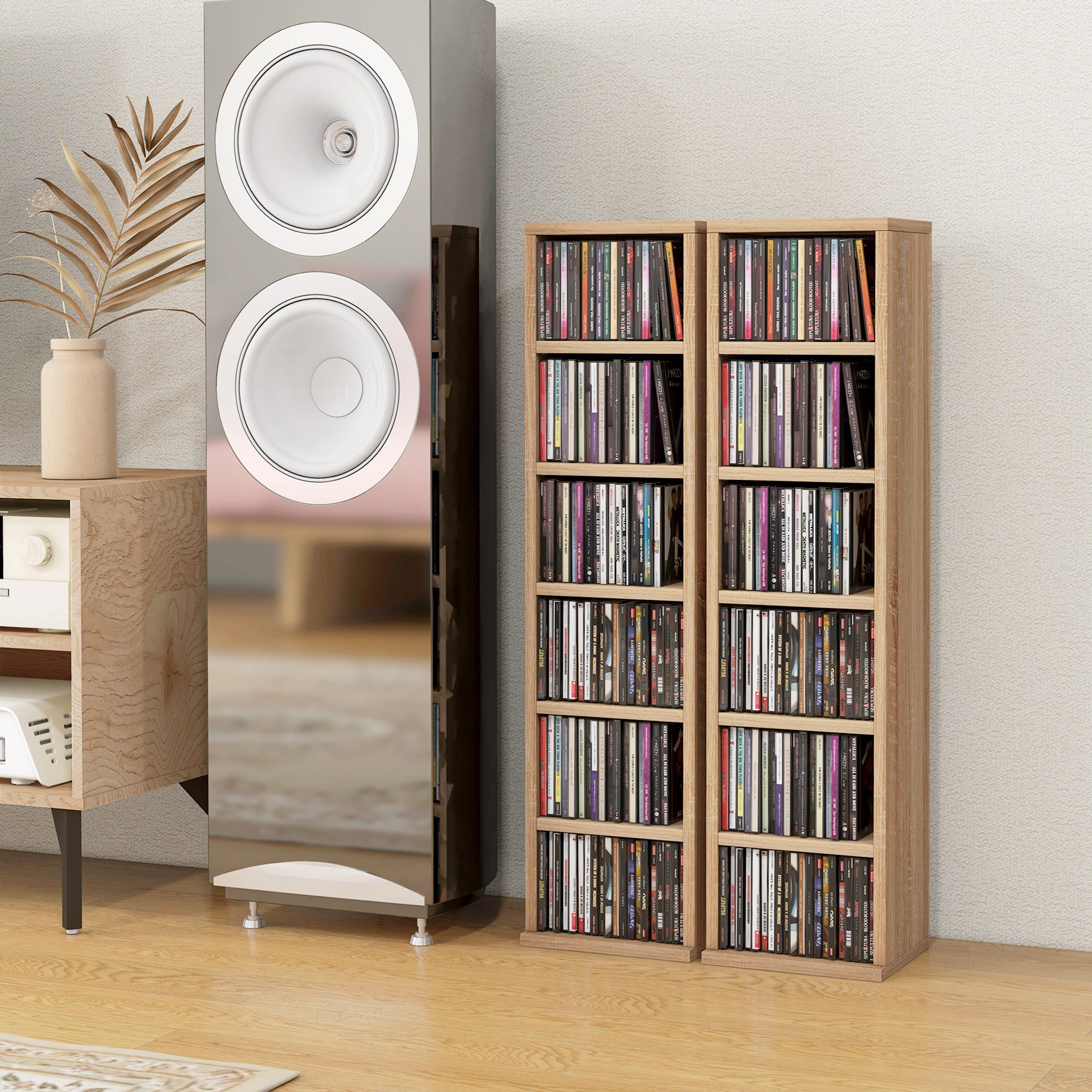 Lot de 2 étagères colonnes armoire de rangement CD-DVD 6 + 6 compartiments 21 x 22,5 x 88,5 cm capacité max. 204 CD chêne