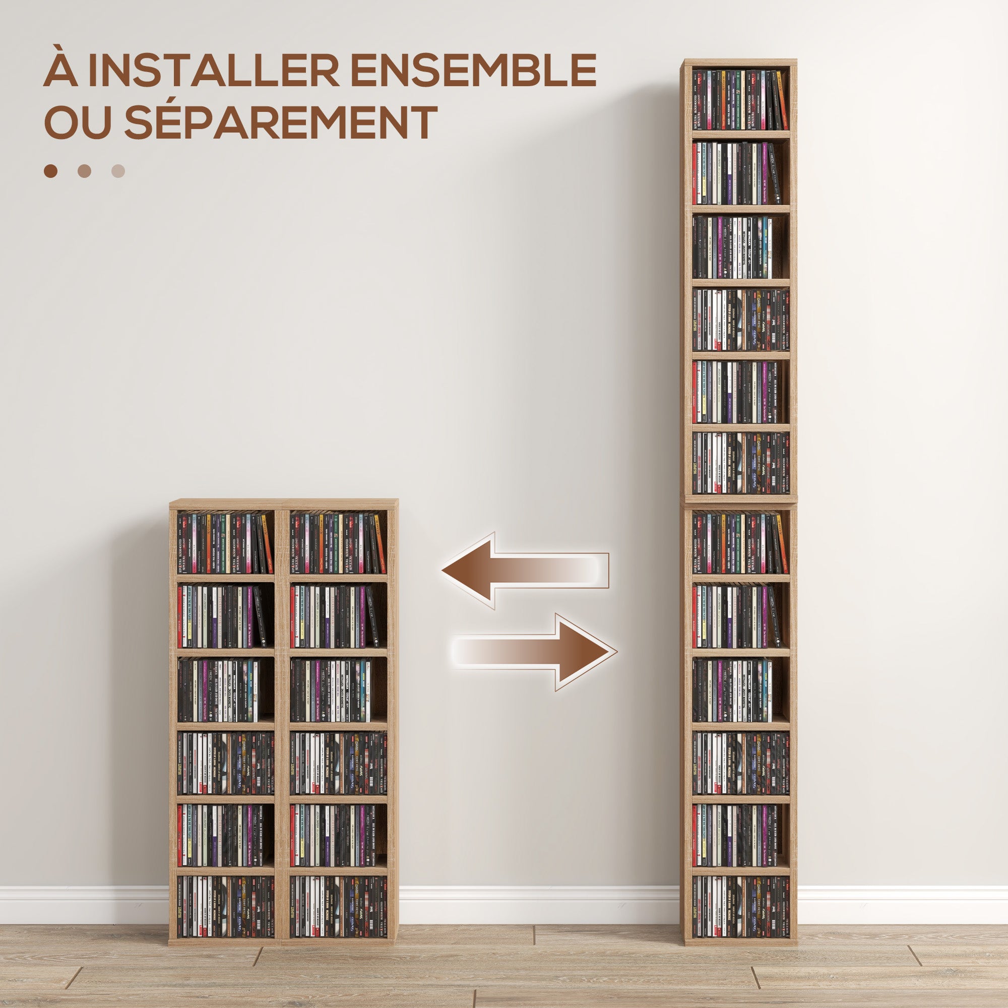 Lot de 2 étagères colonnes armoire de rangement CD-DVD 6 + 6 compartiments 21 x 22,5 x 88,5 cm capacité max. 204 CD chêne