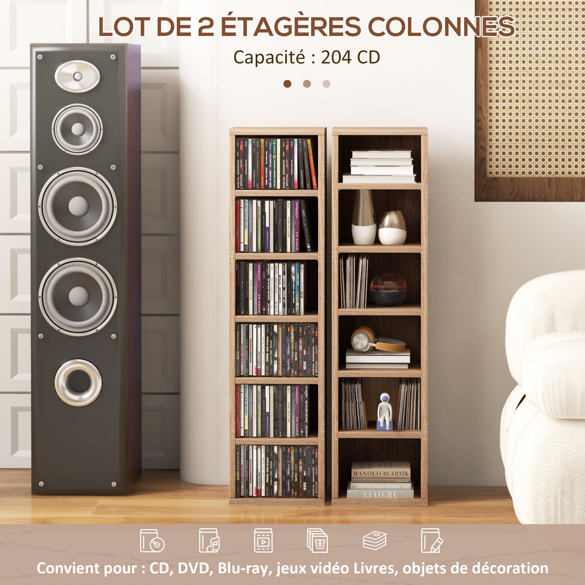 Lot de 2 étagères colonnes armoire de rangement CD-DVD 6 + 6 compartiments 21 x 22,5 x 88,5 cm capacité max. 204 CD chêne
