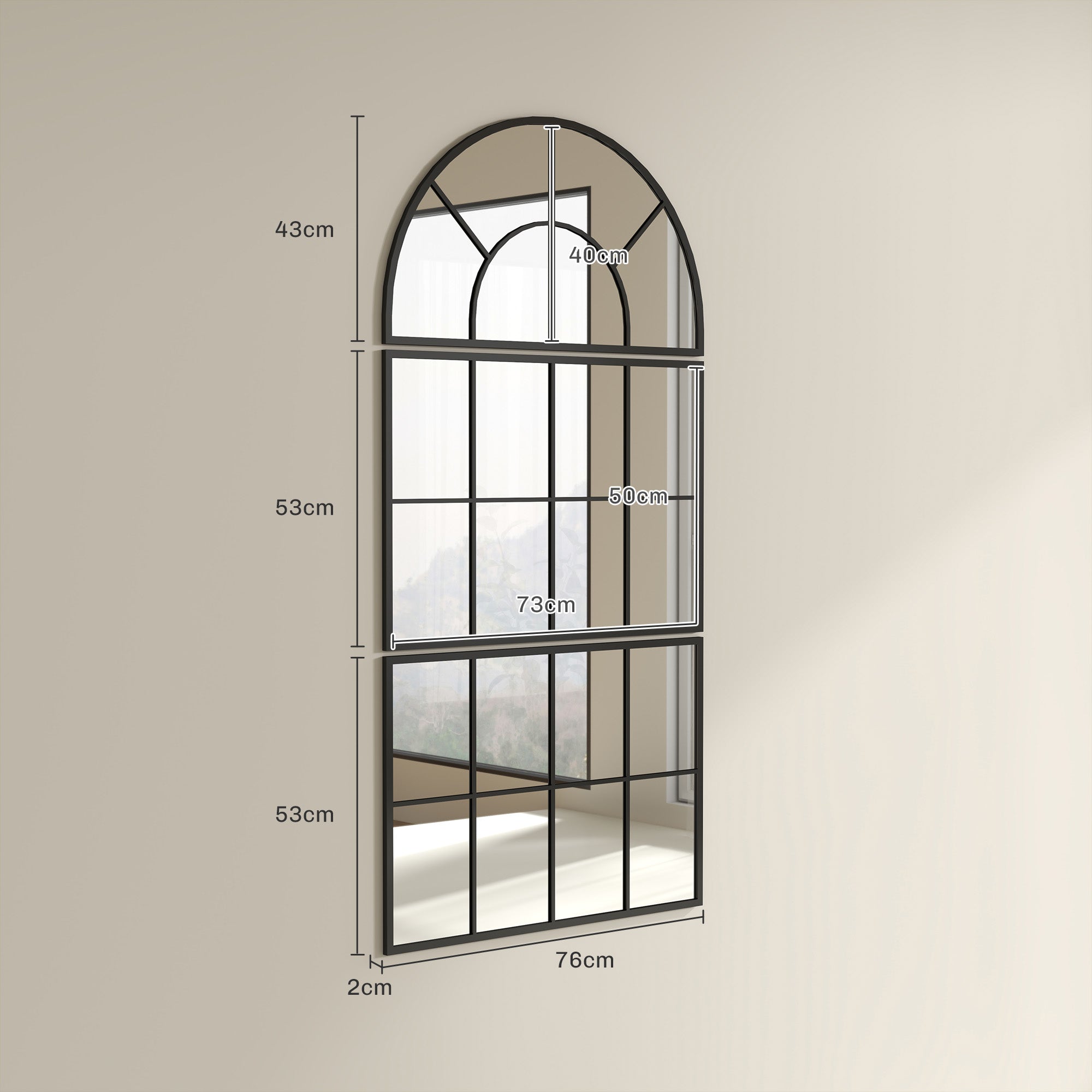 Miroir mural arqué, miroir mural en forme de fenêtre, ensemble de 3 pièces, cadre en métal, pour salon, chambre à coucher, couloir, 76 x 149 cm noir