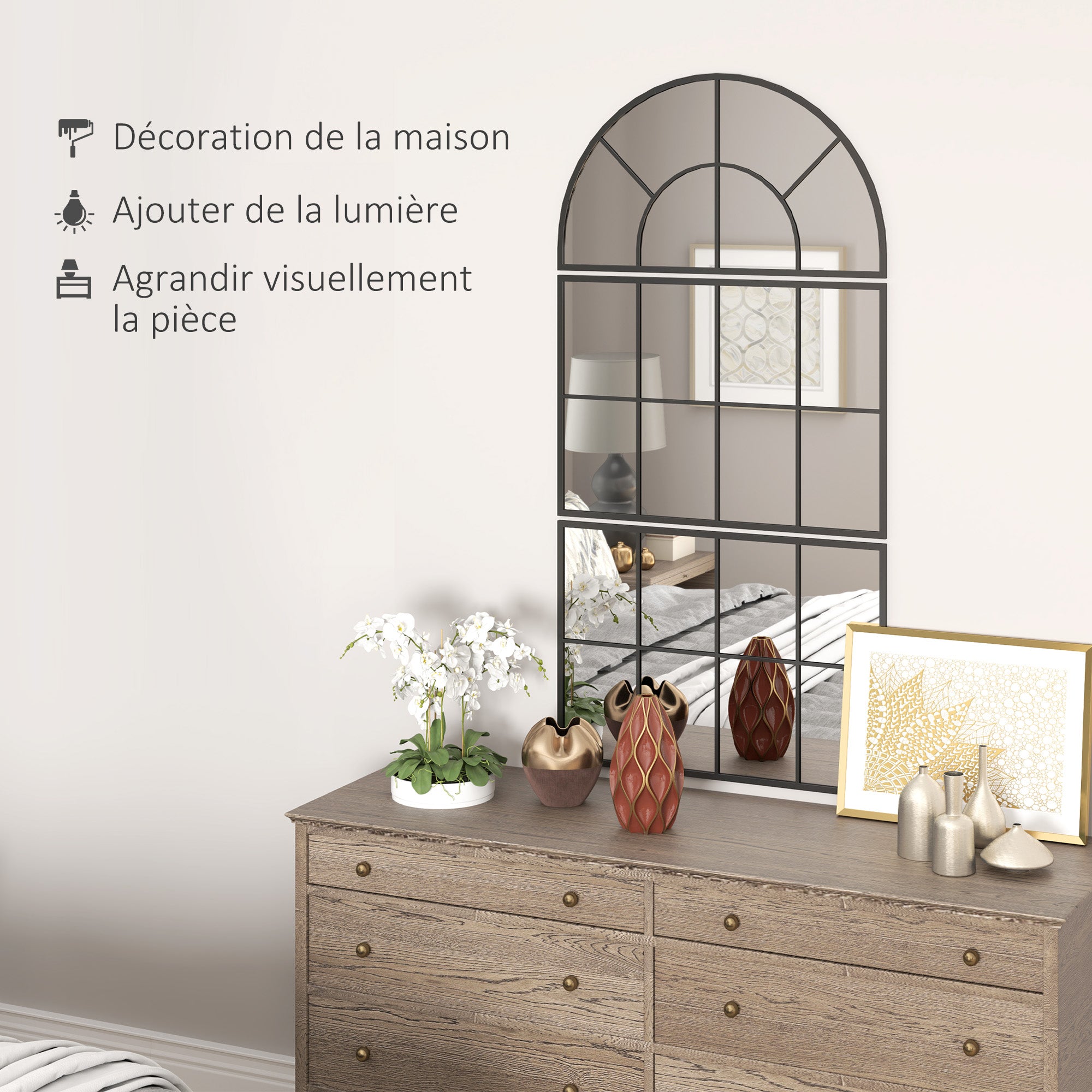 Miroir mural arqué, miroir mural en forme de fenêtre, ensemble de 3 pièces, cadre en métal, pour salon, chambre à coucher, couloir, 76 x 149 cm noir