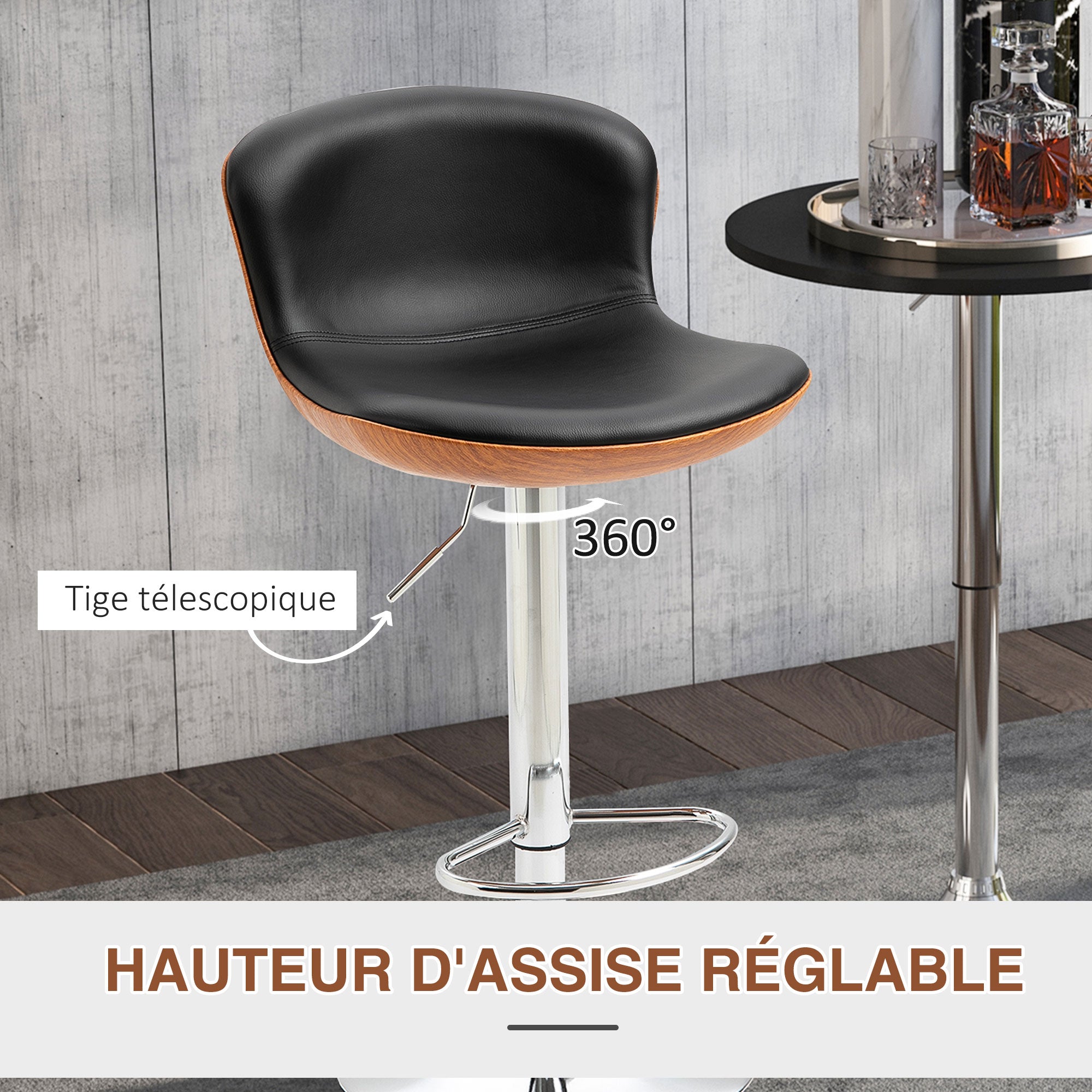 Lot de 2 Tabouret de Bar Design Contemporain Hauteur d'assise réglable 64-85 cm pivotant 360° revêtement synthétique Noir Imitation Bois