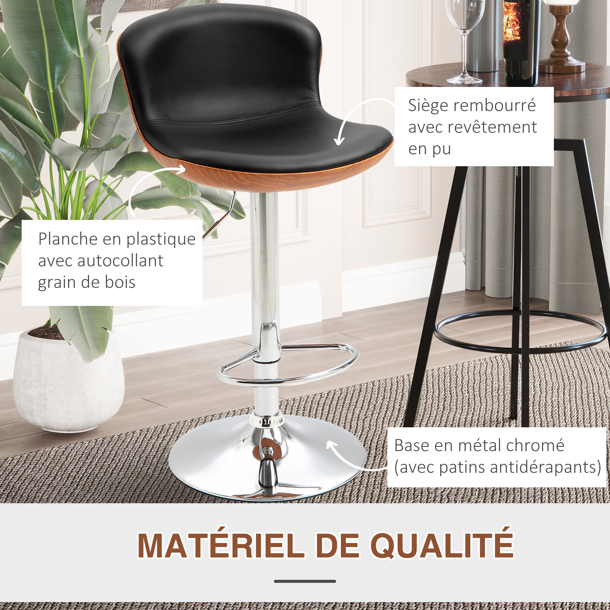 Lot de 2 Tabouret de Bar Design Contemporain Hauteur d'assise réglable 64-85 cm pivotant 360° revêtement synthétique Noir Imitation Bois