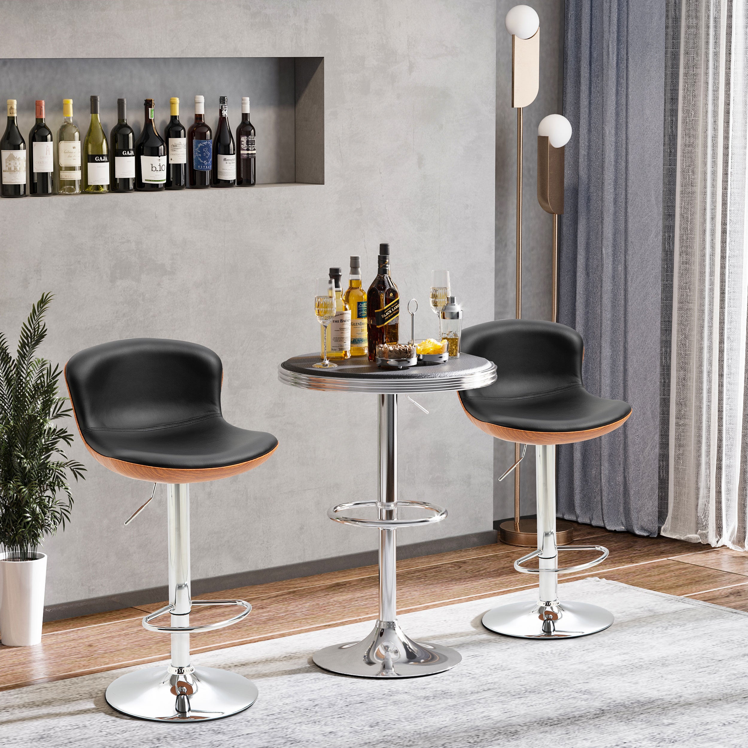 Lot de 2 Tabouret de Bar Design Contemporain Hauteur d'assise réglable 64-85 cm pivotant 360° revêtement synthétique Noir Imitation Bois