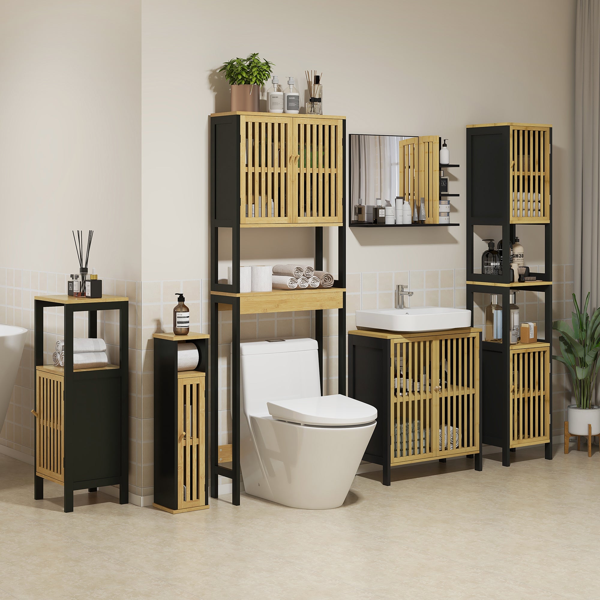 Étagère de toilettes meuble de salle de bain dessus toilette WC avec placard 2 portes et étagère ouverte 60L x 21,5l x 172H cm bambou - bois naturel et noir