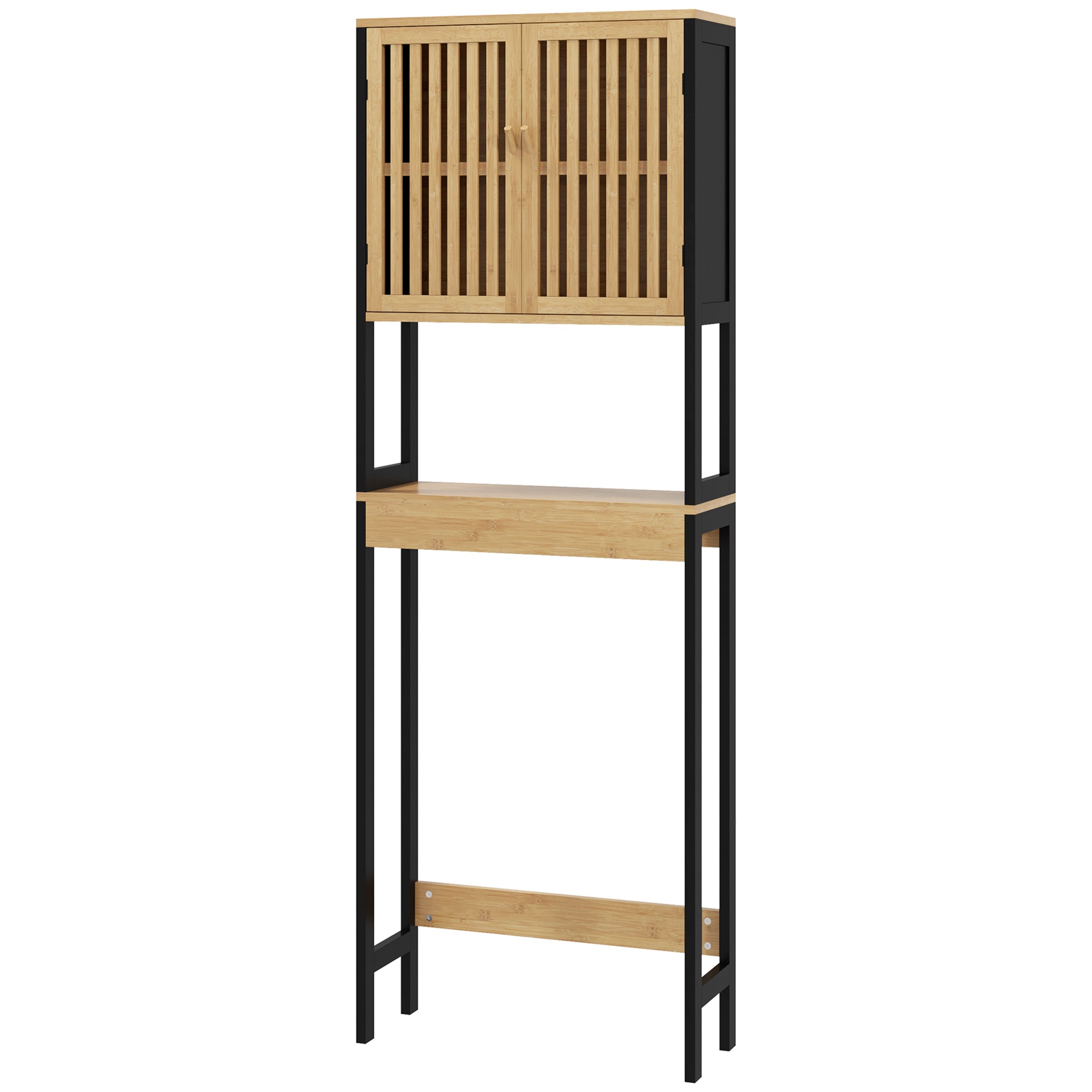 Étagère de toilettes meuble de salle de bain dessus toilette WC avec placard 2 portes et étagère ouverte 60L x 21,5l x 172H cm bambou - bois naturel et noir
