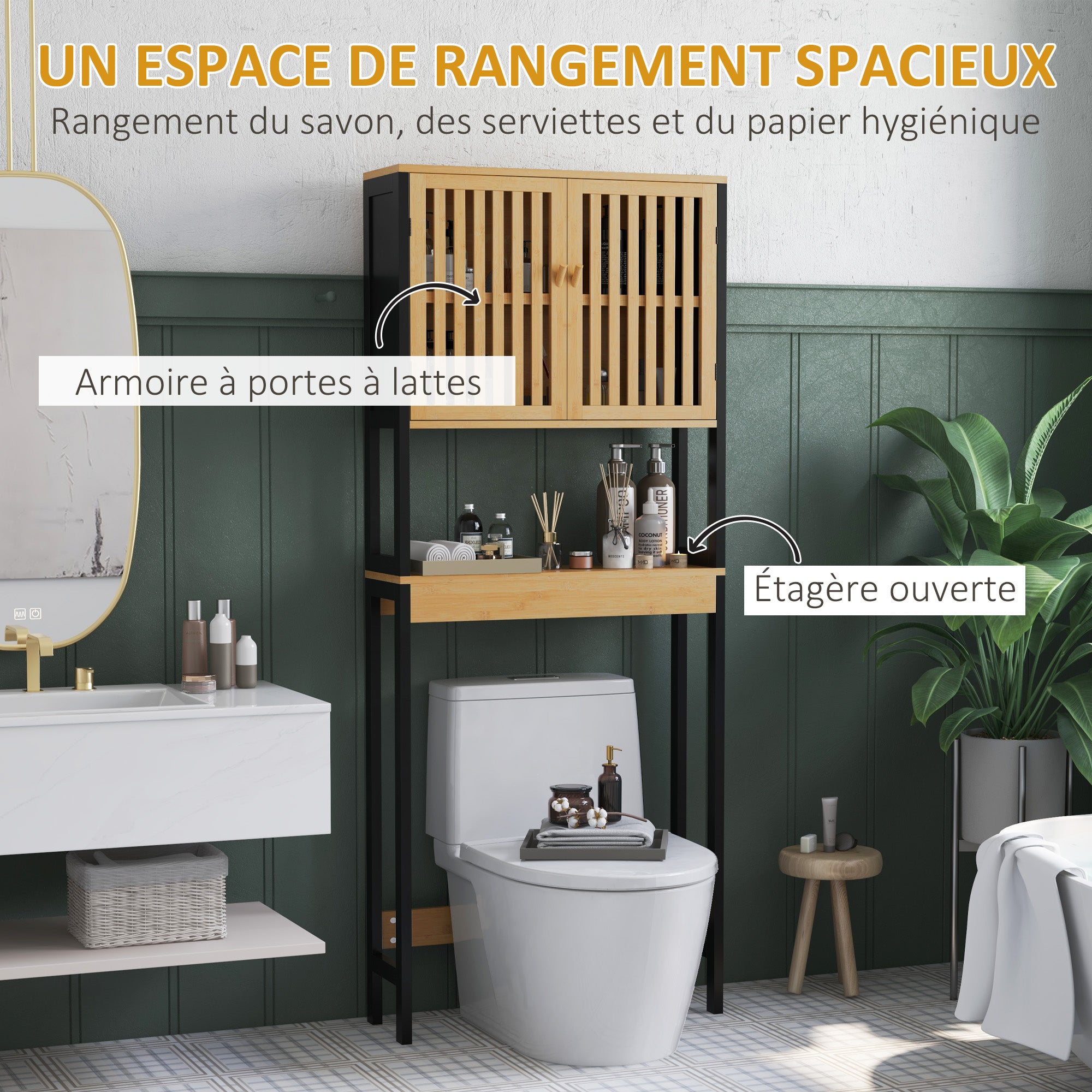 Étagère de toilettes meuble de salle de bain dessus toilette WC avec placard 2 portes et étagère ouverte 60L x 21,5l x 172H cm bambou - bois naturel et noir