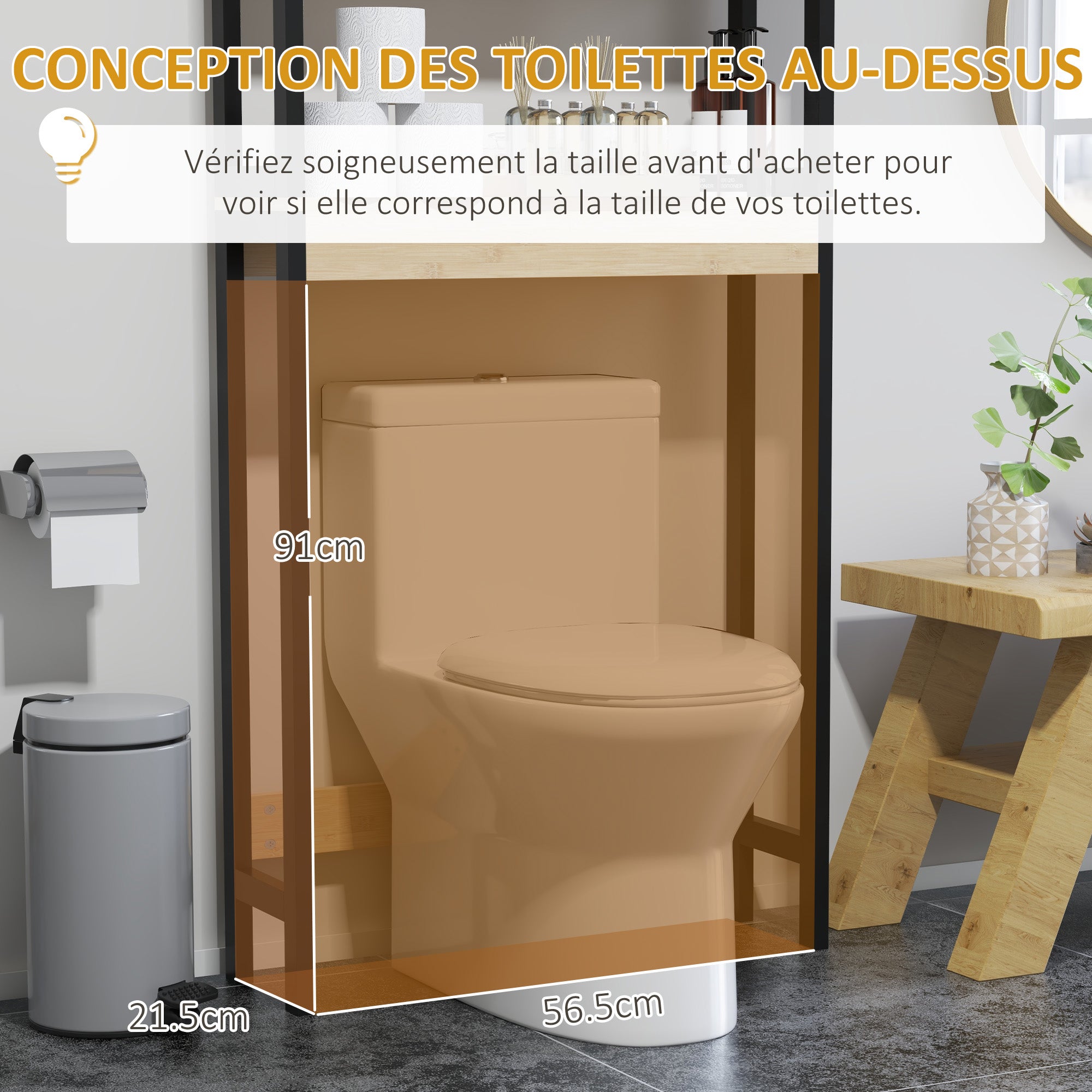 Étagère de toilettes meuble de salle de bain dessus toilette WC avec placard 2 portes et étagère ouverte 60L x 21,5l x 172H cm bambou - bois naturel et noir