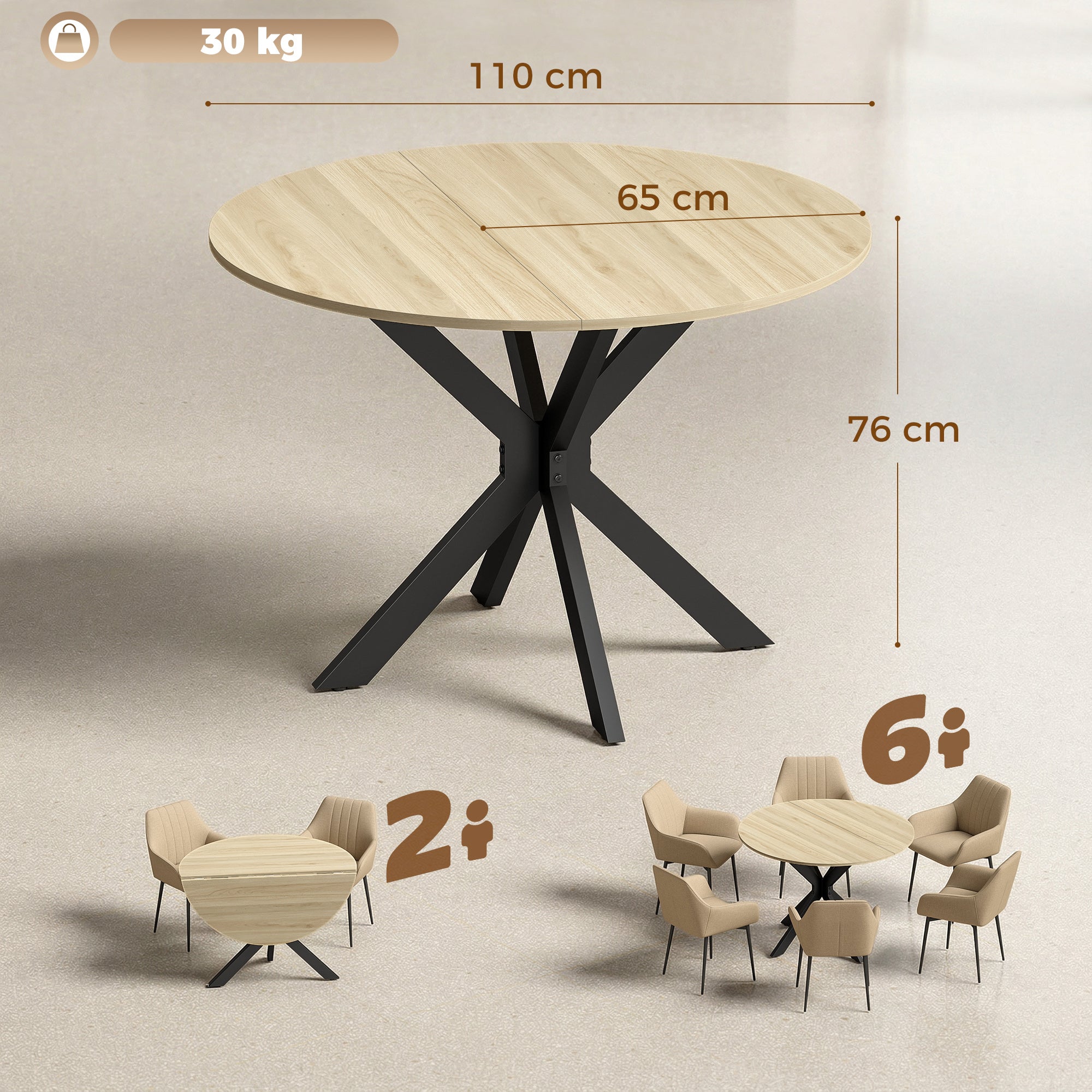 Table à manger pliante pour 2 à 6 personnes, table de cuisine ronde avec plateau rabattable et pieds croisés en acier, pour petits espaces, salle à manger, Ø110 x 76 cm, bois naturel
