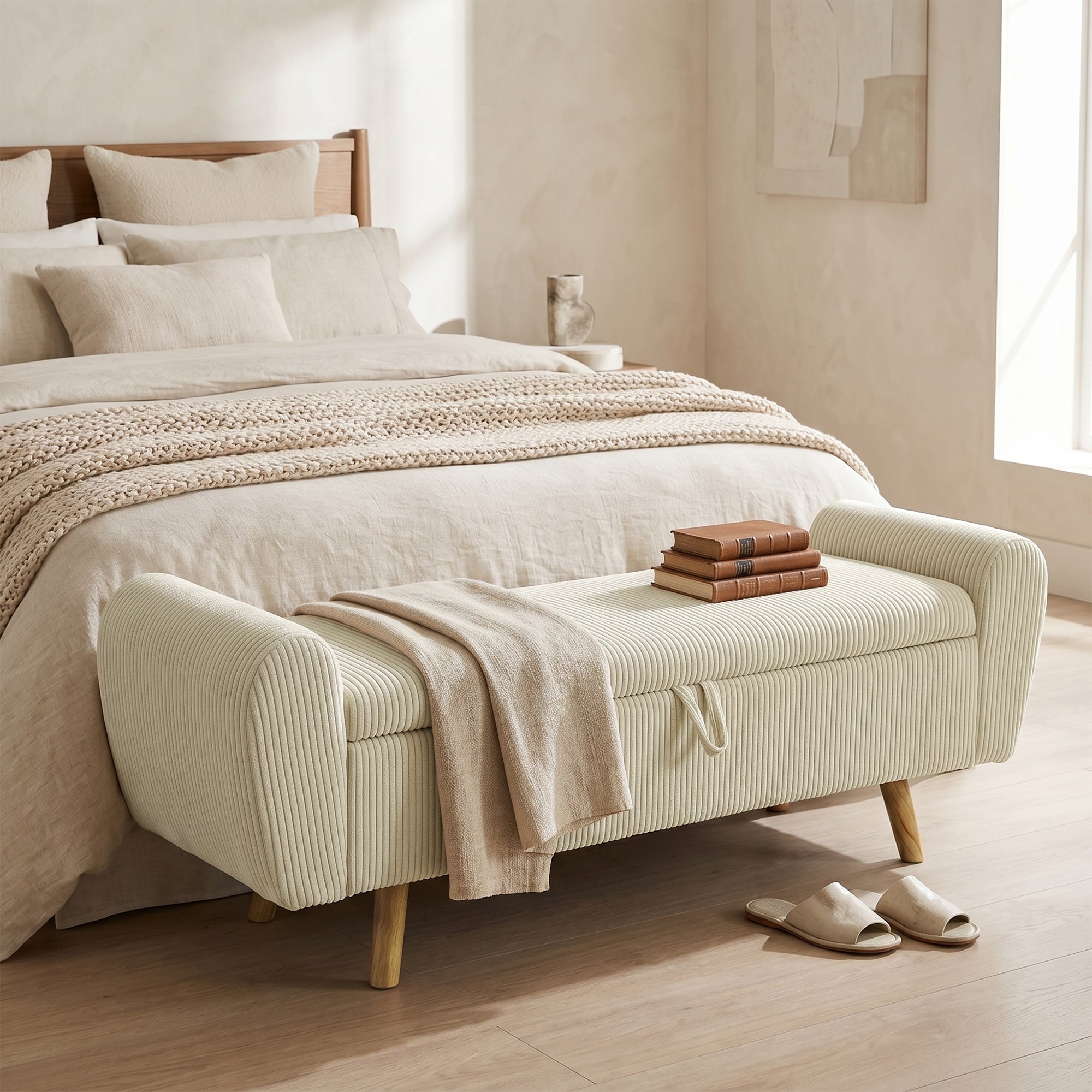 Banc de rangement 73 L, bout de lit, coffre de rangement rembourré en velours côtelé avec accoudoirs et pieds en bois d'hévéa, pour salon, chambre, entrée, 150 x 45 x 51 cm, beige