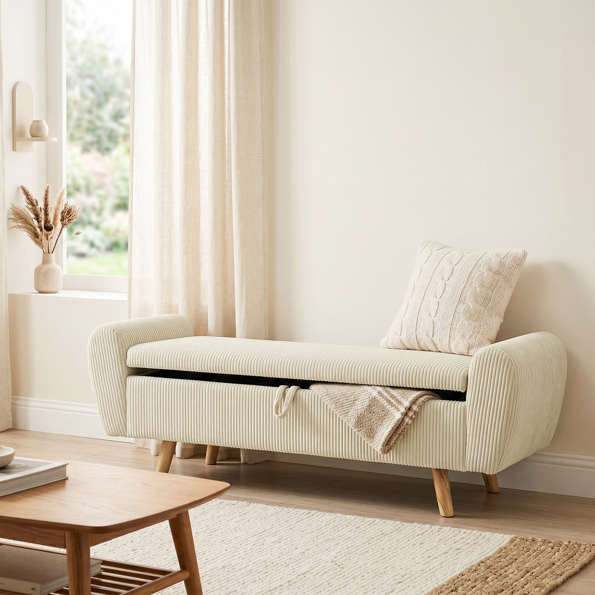 Banc de rangement 73 L, bout de lit, coffre de rangement rembourré en velours côtelé avec accoudoirs et pieds en bois d'hévéa, pour salon, chambre, entrée, 150 x 45 x 51 cm, beige