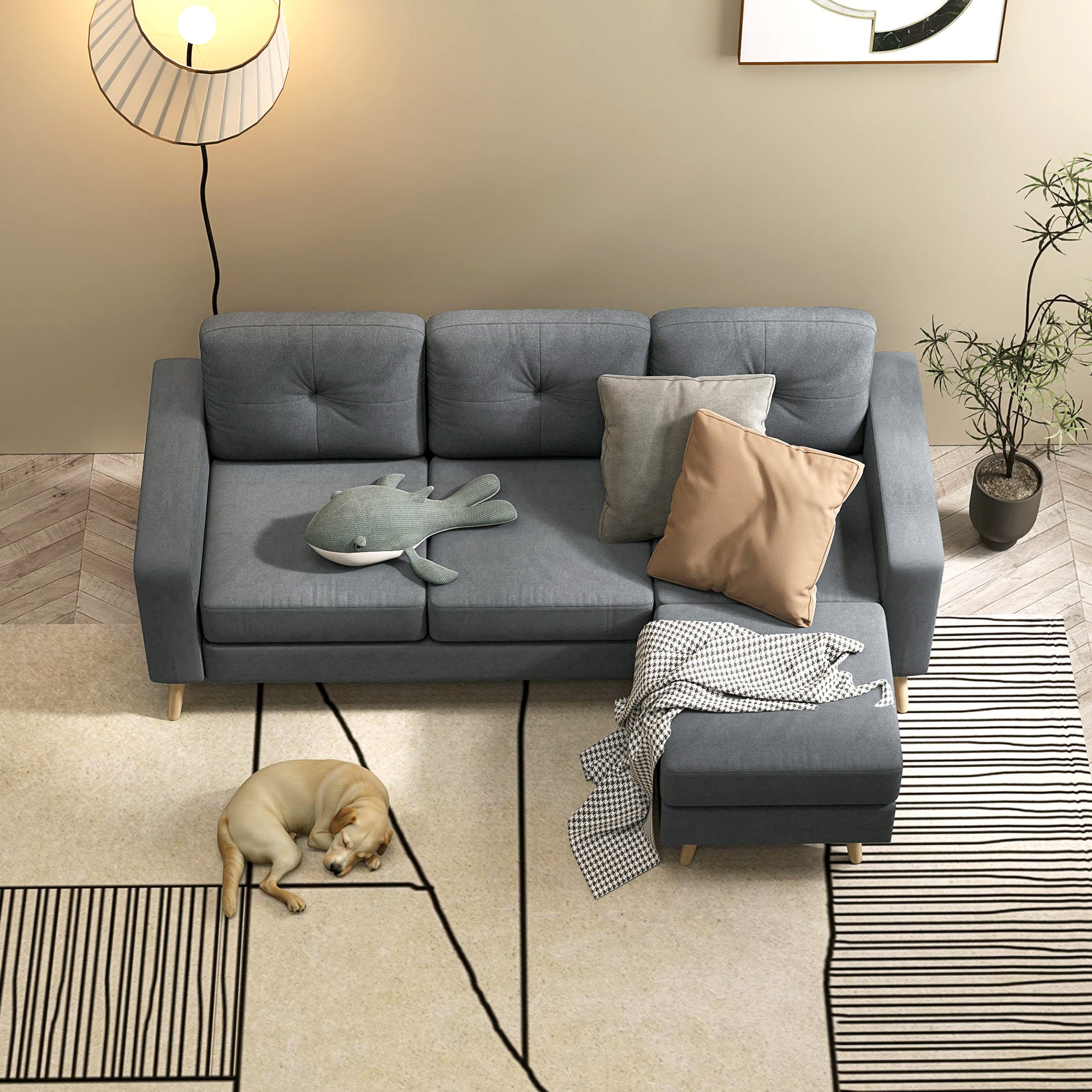 Canapé d'angle en tissu de lin, canapé 3 places, chaise longue reversible gauche ou droite, 193 cm, design scandinave, pour salon, appartement, petit espace, pieds en bois massif, gris foncé
